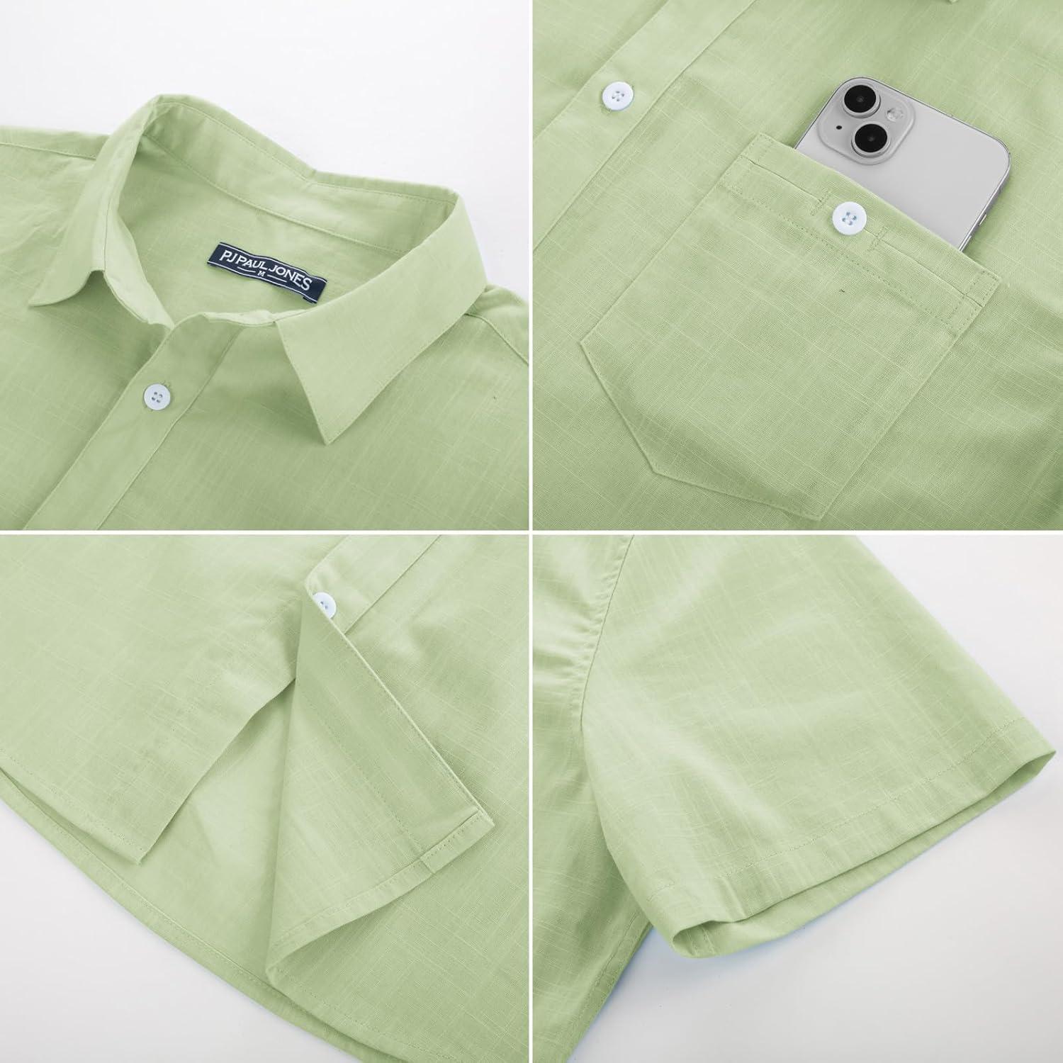 imagePJ PAUL JONES Mens Short Sleeve Button Down Shirts Summer Beach Shirts Untuckit Cotton Shirt with PocketLight Green