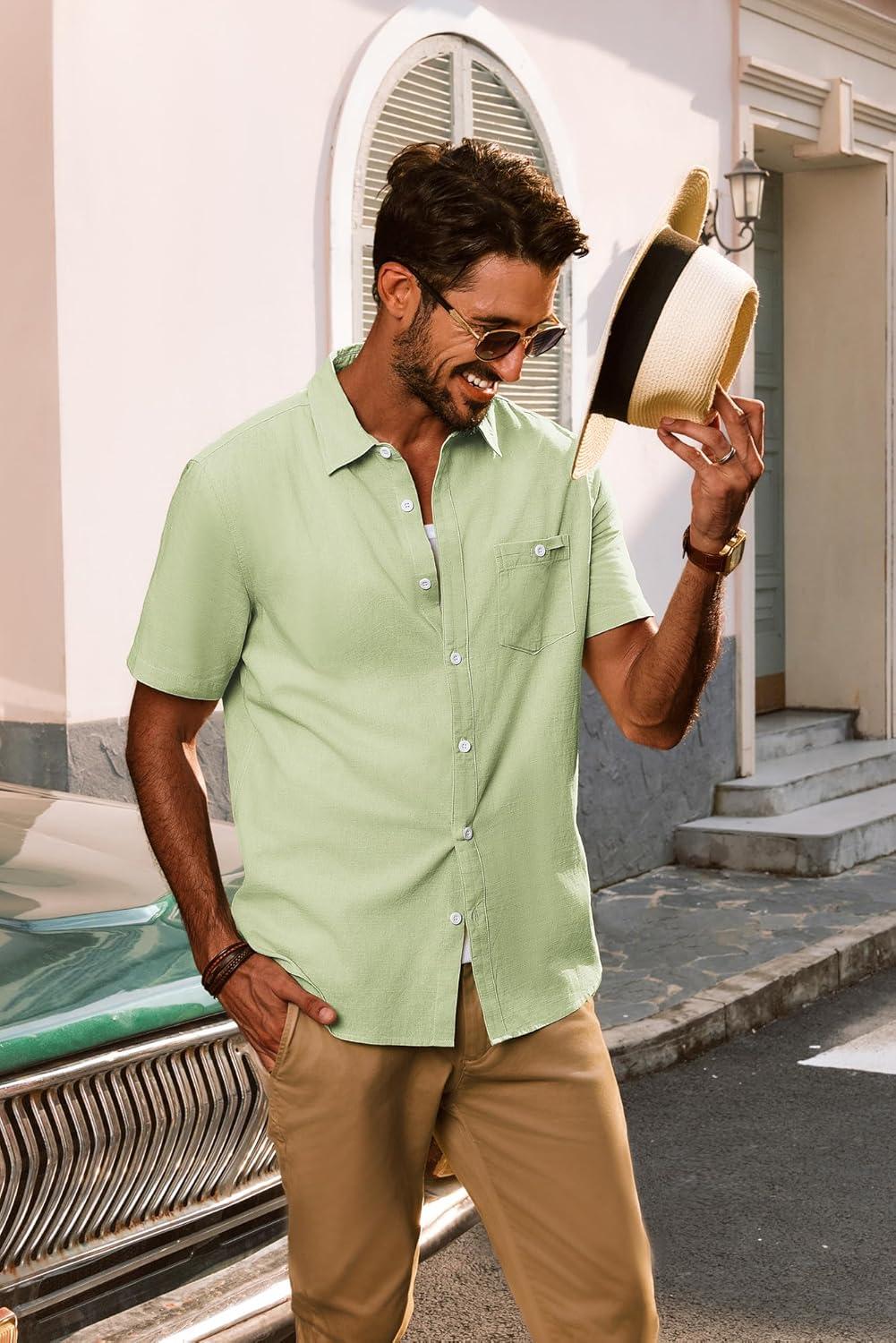 imagePJ PAUL JONES Mens Short Sleeve Button Down Shirts Summer Beach Shirts Untuckit Cotton Shirt with PocketLight Green