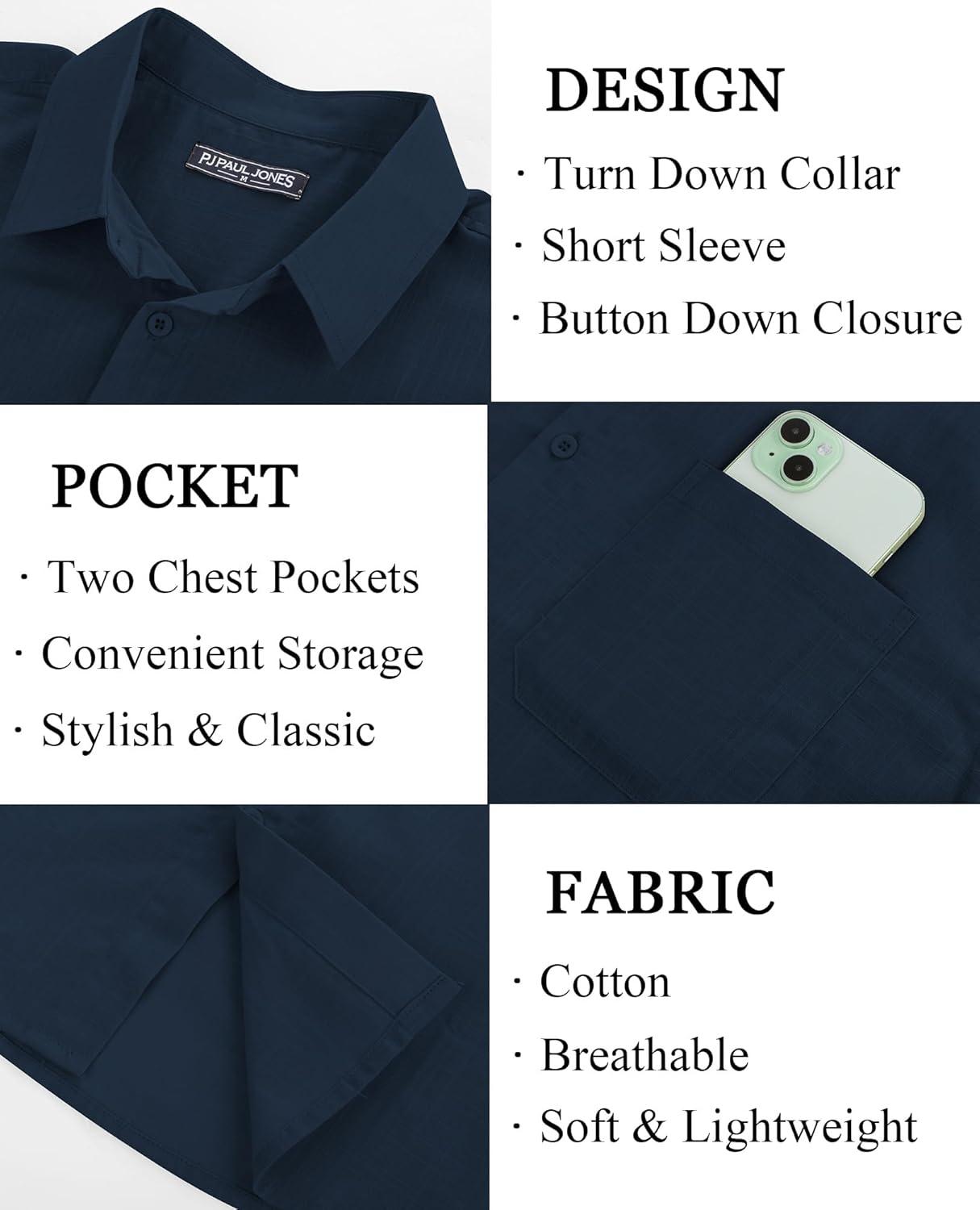 imagePJ PAUL JONES Mens Short Sleeve Button Down Shirts Summer Beach Shirts Untuckit Cotton Shirt with PocketNavy Bluetwo Pocket