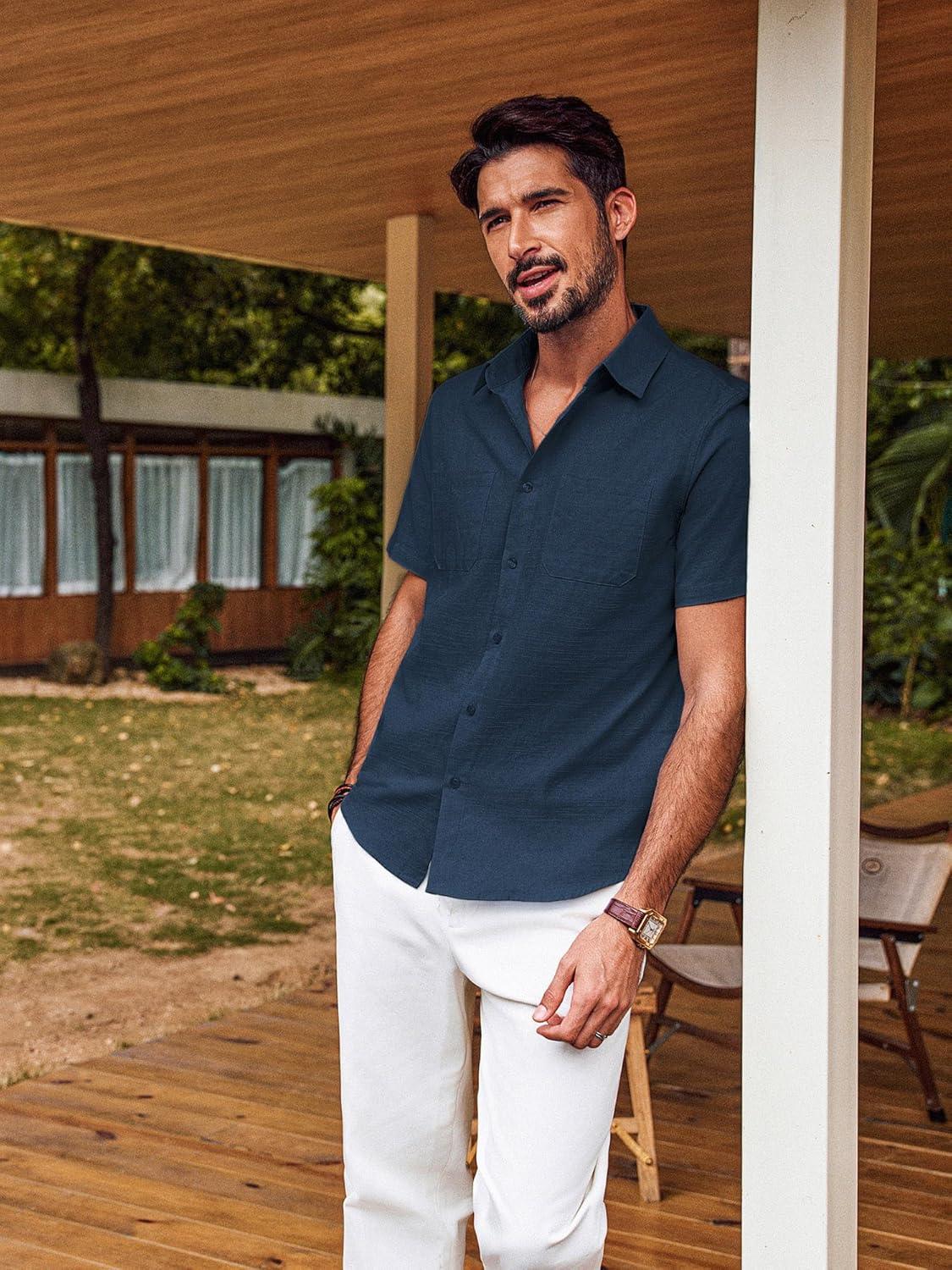 imagePJ PAUL JONES Mens Short Sleeve Button Down Shirts Summer Beach Shirts Untuckit Cotton Shirt with PocketNavy Bluetwo Pocket