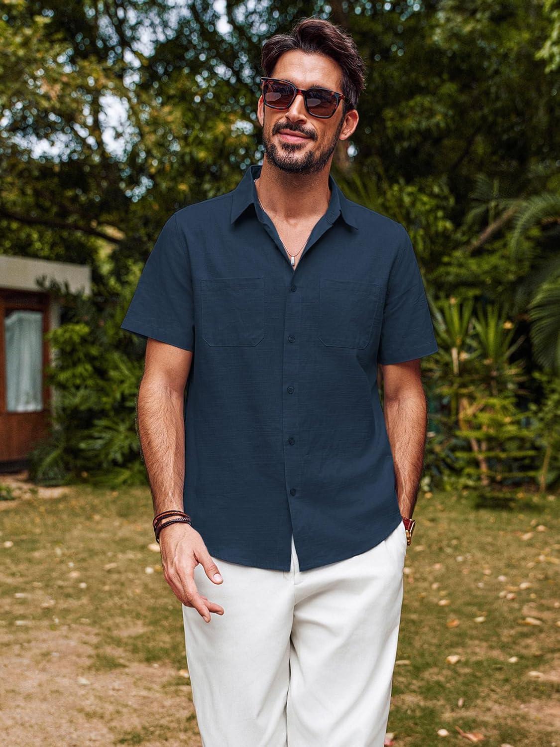 imagePJ PAUL JONES Mens Short Sleeve Button Down Shirts Summer Beach Shirts Untuckit Cotton Shirt with PocketNavy Bluetwo Pocket