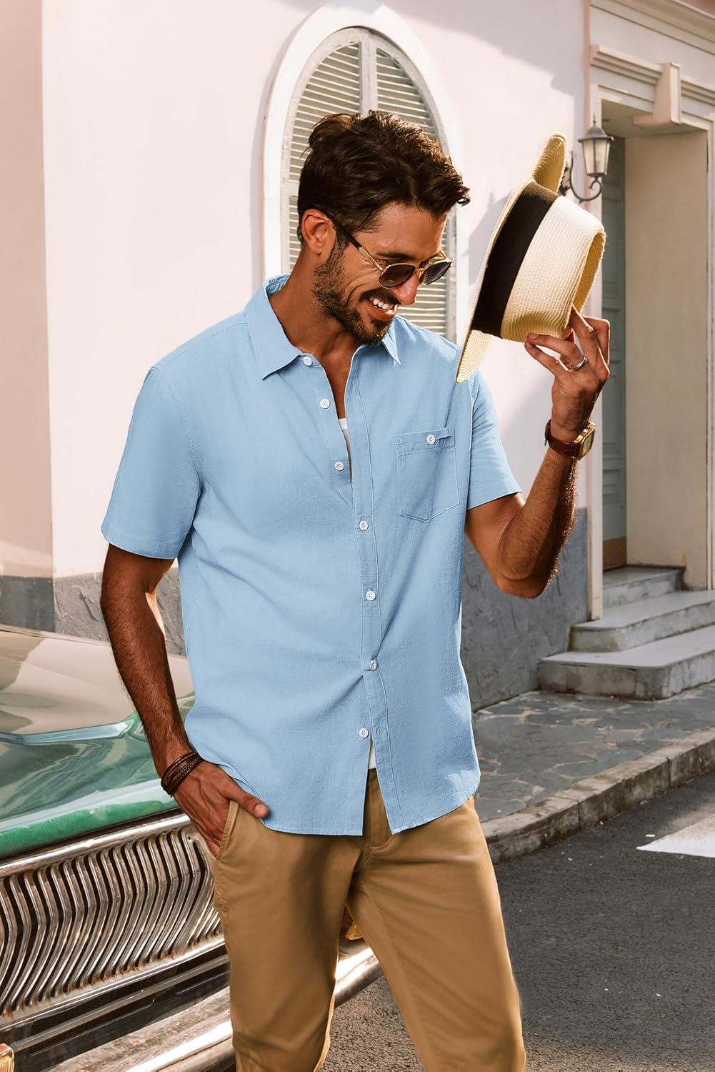 imagePJ PAUL JONES Mens Short Sleeve Button Down Shirts Summer Beach Shirts Untuckit Cotton Shirt with PocketSky Blue