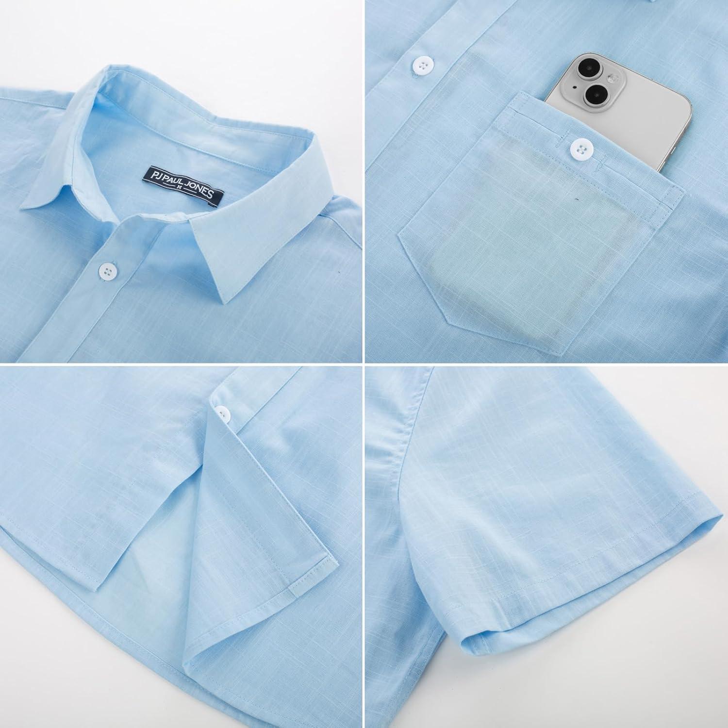 imagePJ PAUL JONES Mens Short Sleeve Button Down Shirts Summer Beach Shirts Untuckit Cotton Shirt with PocketSky Blue
