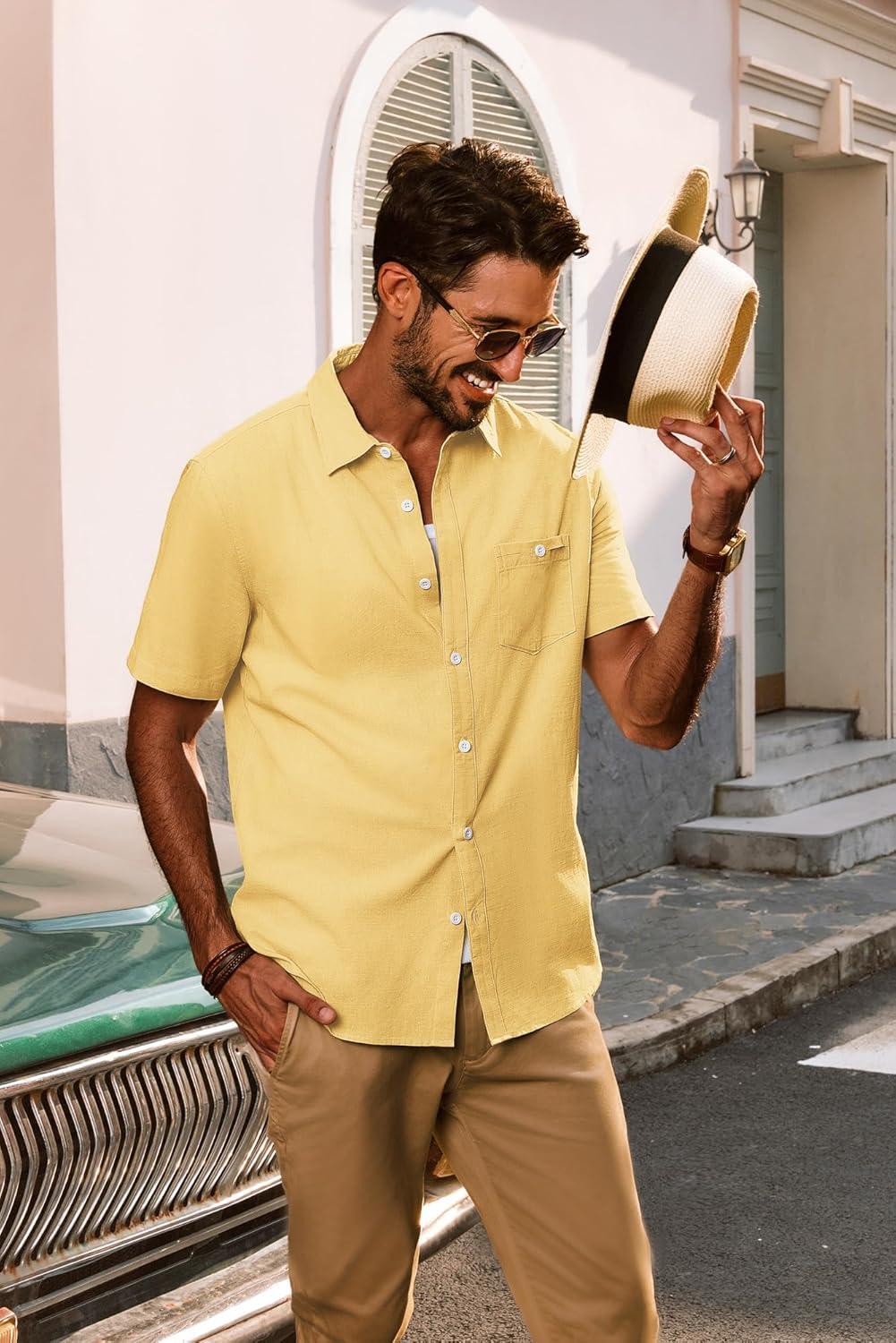 imagePJ PAUL JONES Mens Short Sleeve Button Down Shirts Summer Beach Shirts Untuckit Cotton Shirt with PocketYellow