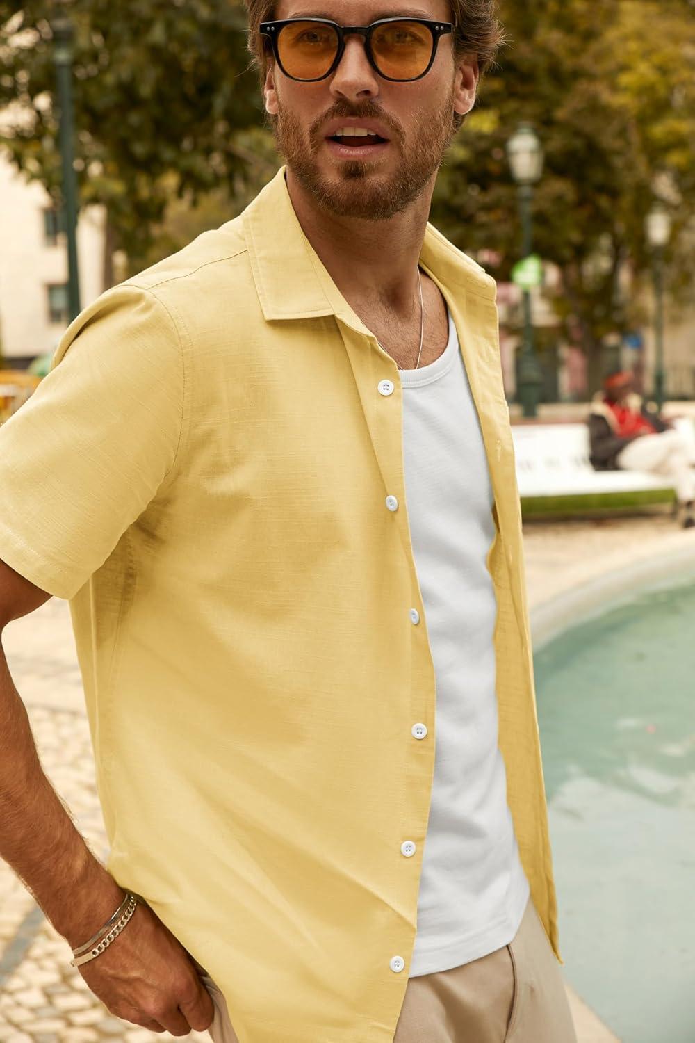 imagePJ PAUL JONES Mens Short Sleeve Button Down Shirts Summer Beach Shirts Untuckit Cotton Shirt with PocketYellow