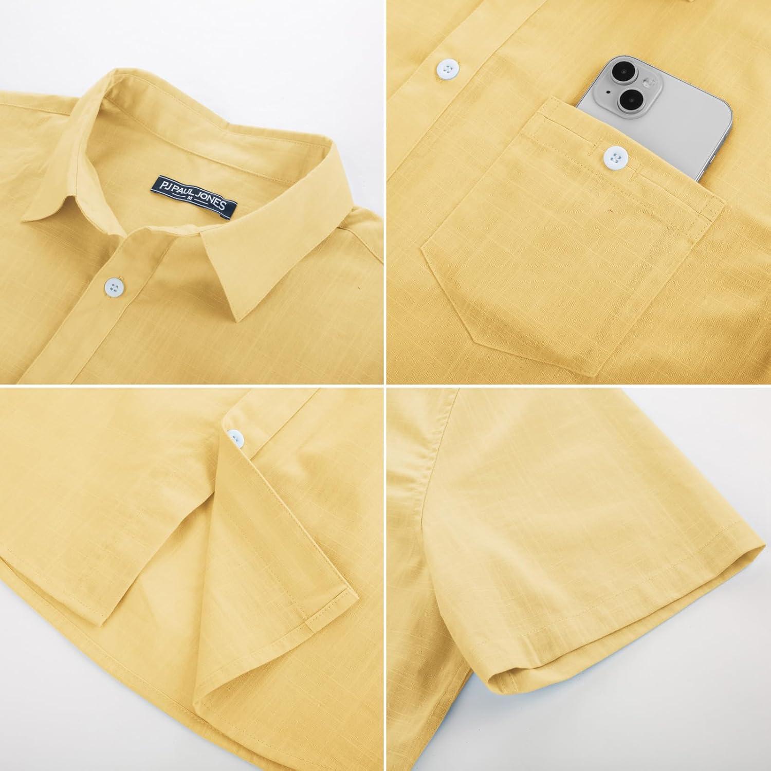 imagePJ PAUL JONES Mens Short Sleeve Button Down Shirts Summer Beach Shirts Untuckit Cotton Shirt with PocketYellow