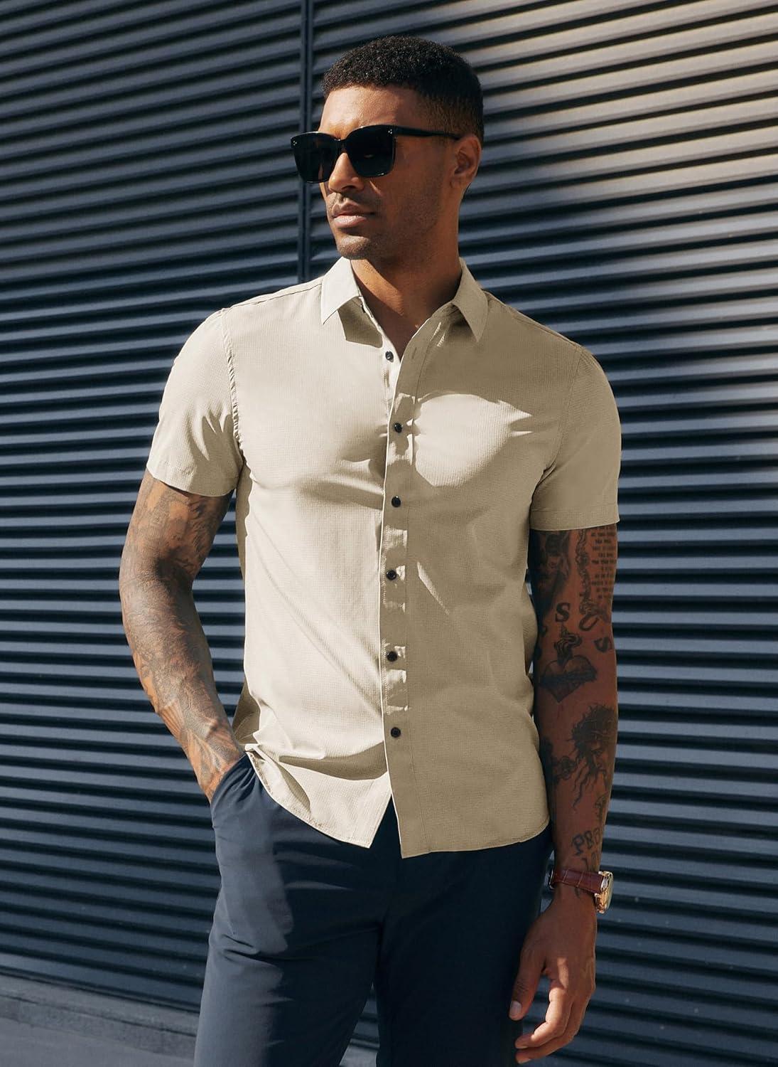 imagePJ PAUL JONES Mens Short Sleeve Button Down Shirts Wrinkle Free Stretch Dress Shirts for Men Casual Formal ShirtBeige