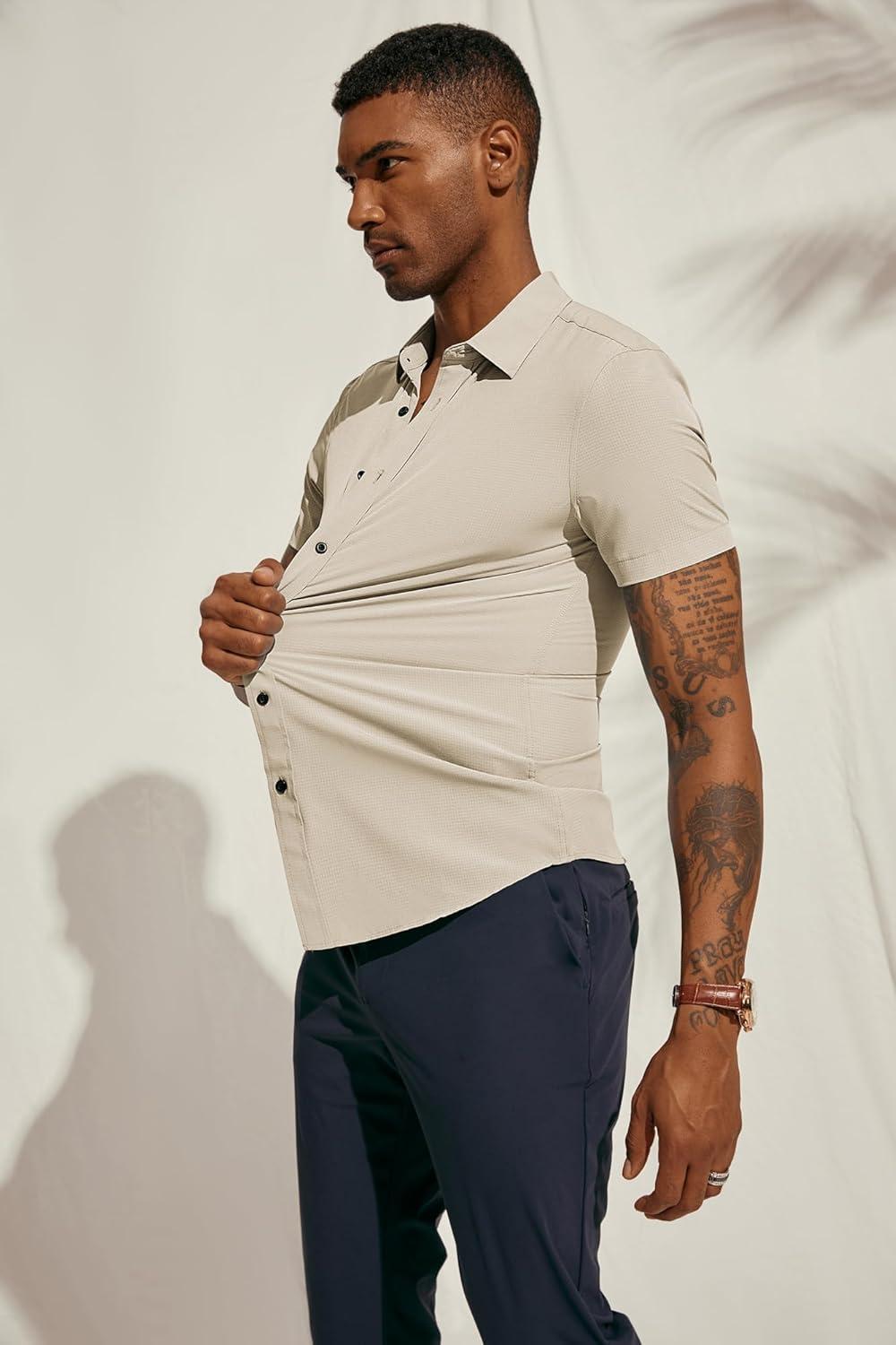 imagePJ PAUL JONES Mens Short Sleeve Button Down Shirts Wrinkle Free Stretch Dress Shirts for Men Casual Formal ShirtBeige