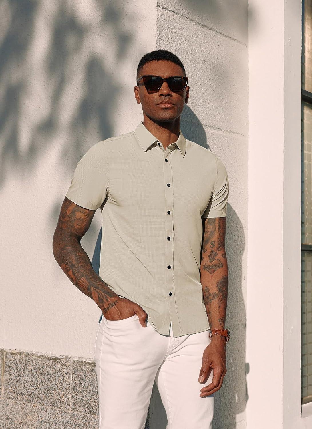 imagePJ PAUL JONES Mens Short Sleeve Button Down Shirts Wrinkle Free Stretch Dress Shirts for Men Casual Formal ShirtBeige
