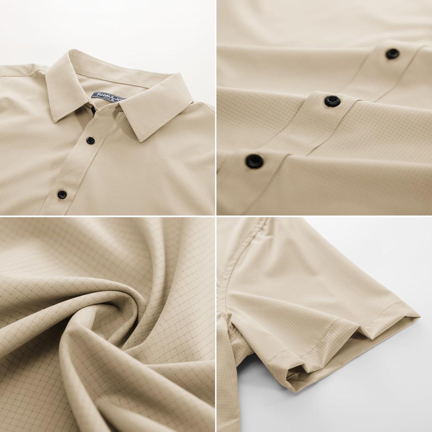 imagePJ PAUL JONES Mens Short Sleeve Button Down Shirts Wrinkle Free Stretch Dress Shirts for Men Casual Formal ShirtBeige