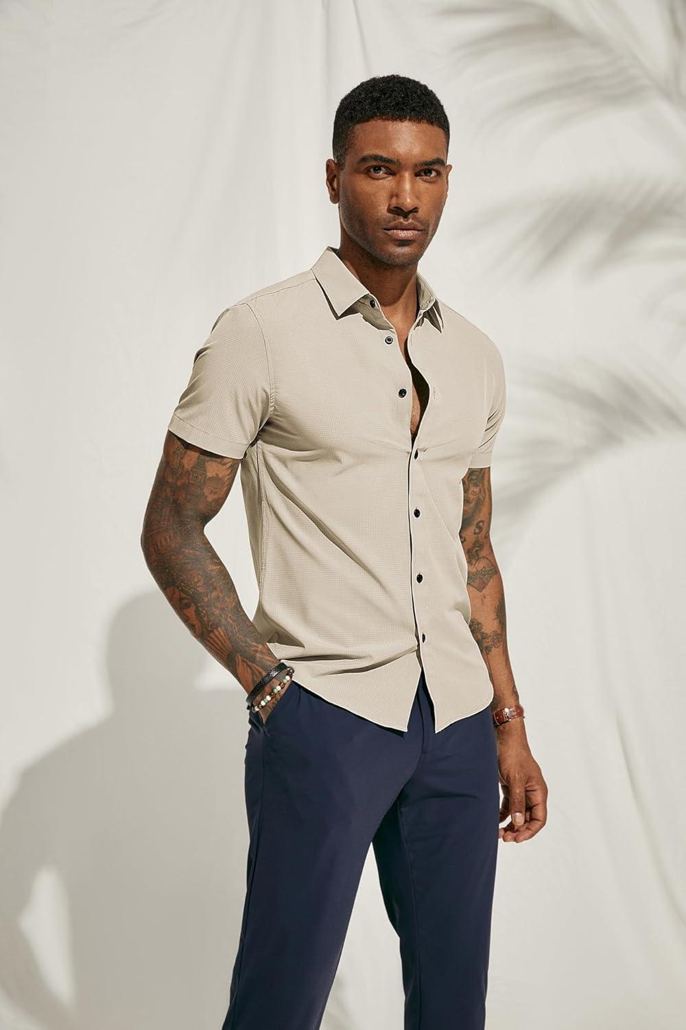 imagePJ PAUL JONES Mens Short Sleeve Button Down Shirts Wrinkle Free Stretch Dress Shirts for Men Casual Formal ShirtBeige