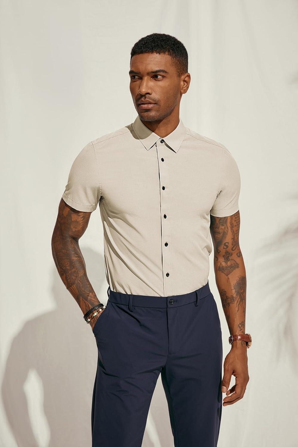 imagePJ PAUL JONES Mens Short Sleeve Button Down Shirts Wrinkle Free Stretch Dress Shirts for Men Casual Formal ShirtBeige