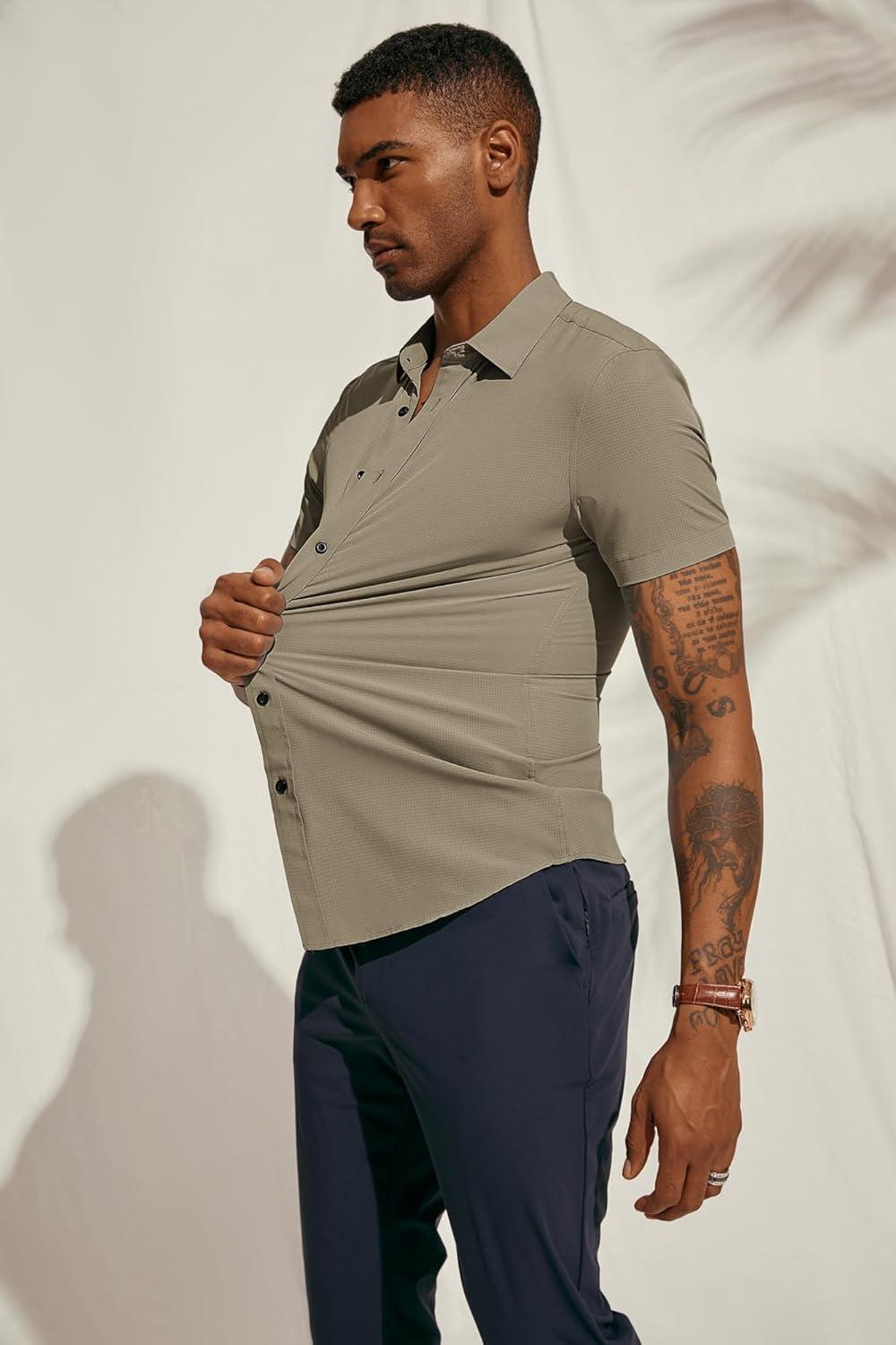 imagePJ PAUL JONES Mens Short Sleeve Button Down Shirts Wrinkle Free Stretch Dress Shirts for Men Casual Formal ShirtKhaki