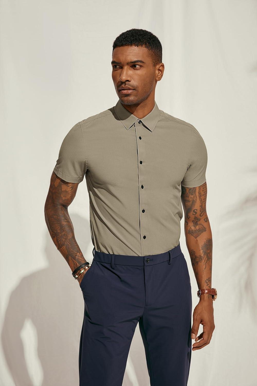 imagePJ PAUL JONES Mens Short Sleeve Button Down Shirts Wrinkle Free Stretch Dress Shirts for Men Casual Formal ShirtKhaki