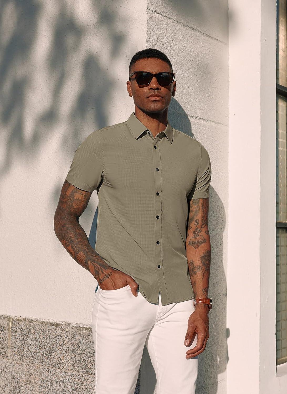 imagePJ PAUL JONES Mens Short Sleeve Button Down Shirts Wrinkle Free Stretch Dress Shirts for Men Casual Formal ShirtKhaki