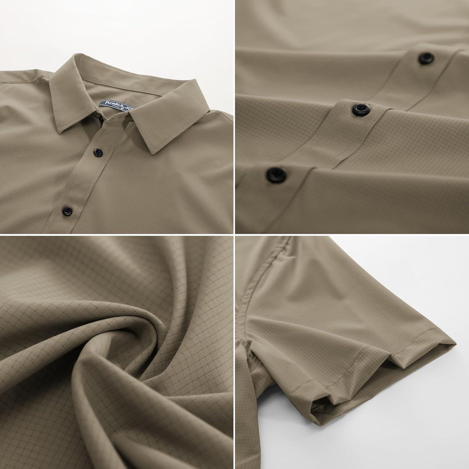 imagePJ PAUL JONES Mens Short Sleeve Button Down Shirts Wrinkle Free Stretch Dress Shirts for Men Casual Formal ShirtKhaki