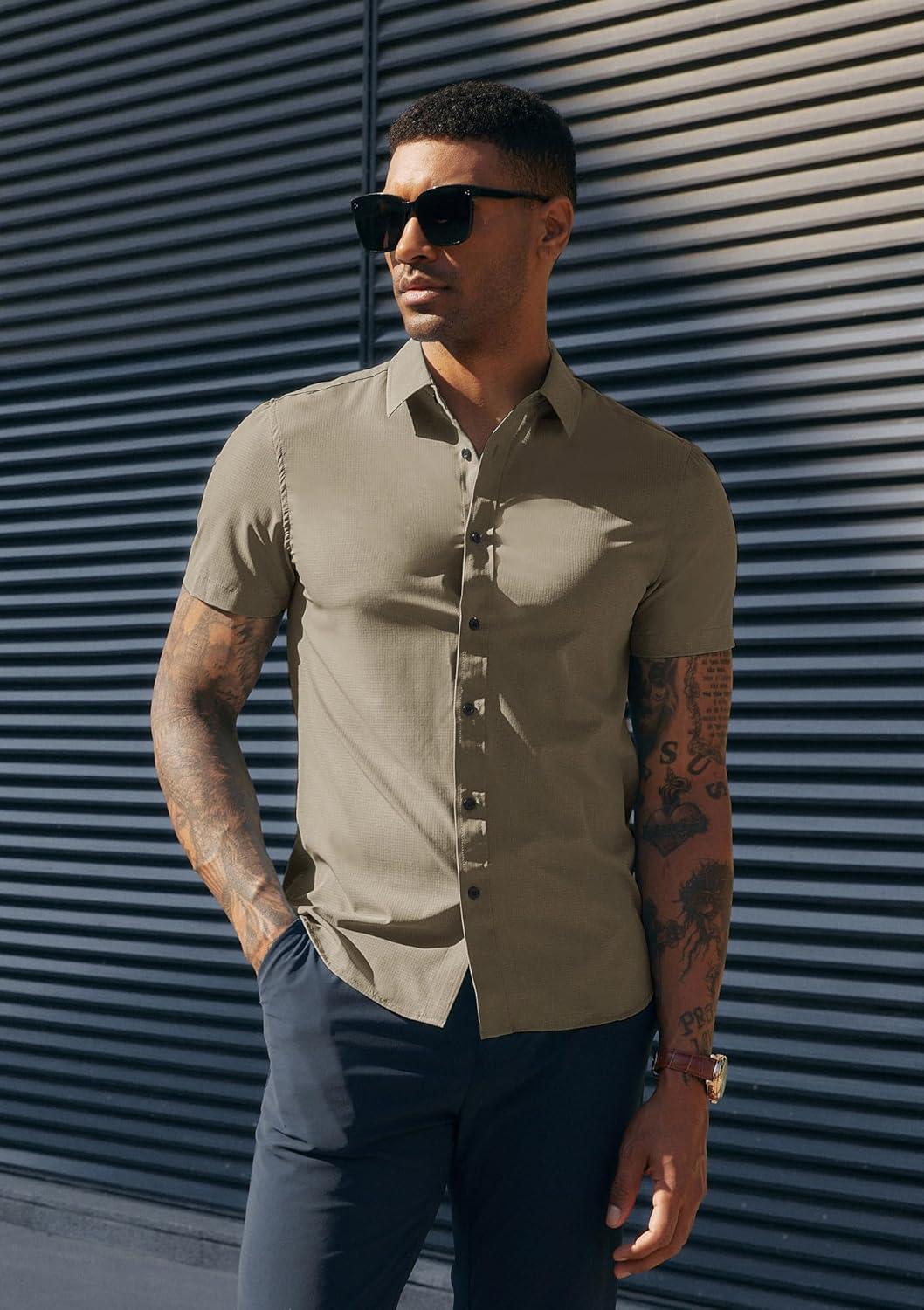 imagePJ PAUL JONES Mens Short Sleeve Button Down Shirts Wrinkle Free Stretch Dress Shirts for Men Casual Formal ShirtKhaki