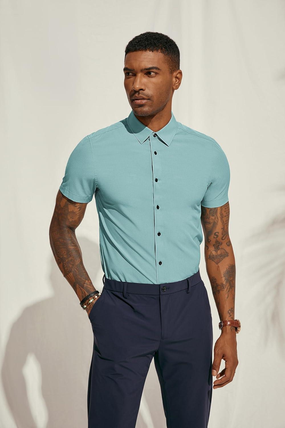 imagePJ PAUL JONES Mens Short Sleeve Button Down Shirts Wrinkle Free Stretch Dress Shirts for Men Casual Formal ShirtLight Blue