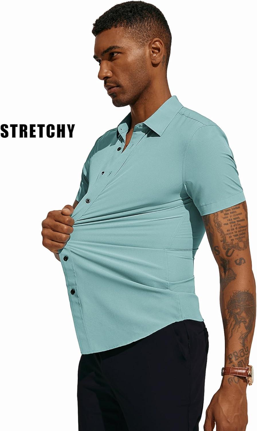 imagePJ PAUL JONES Mens Short Sleeve Button Down Shirts Wrinkle Free Stretch Dress Shirts for Men Casual Formal ShirtLight Blue