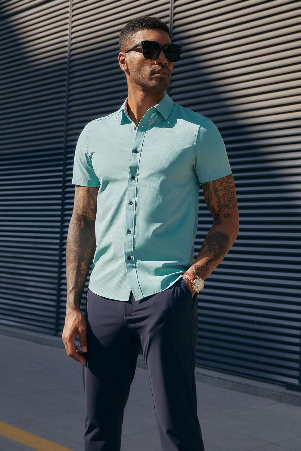 imagePJ PAUL JONES Mens Short Sleeve Button Down Shirts Wrinkle Free Stretch Dress Shirts for Men Casual Formal ShirtLight Blue