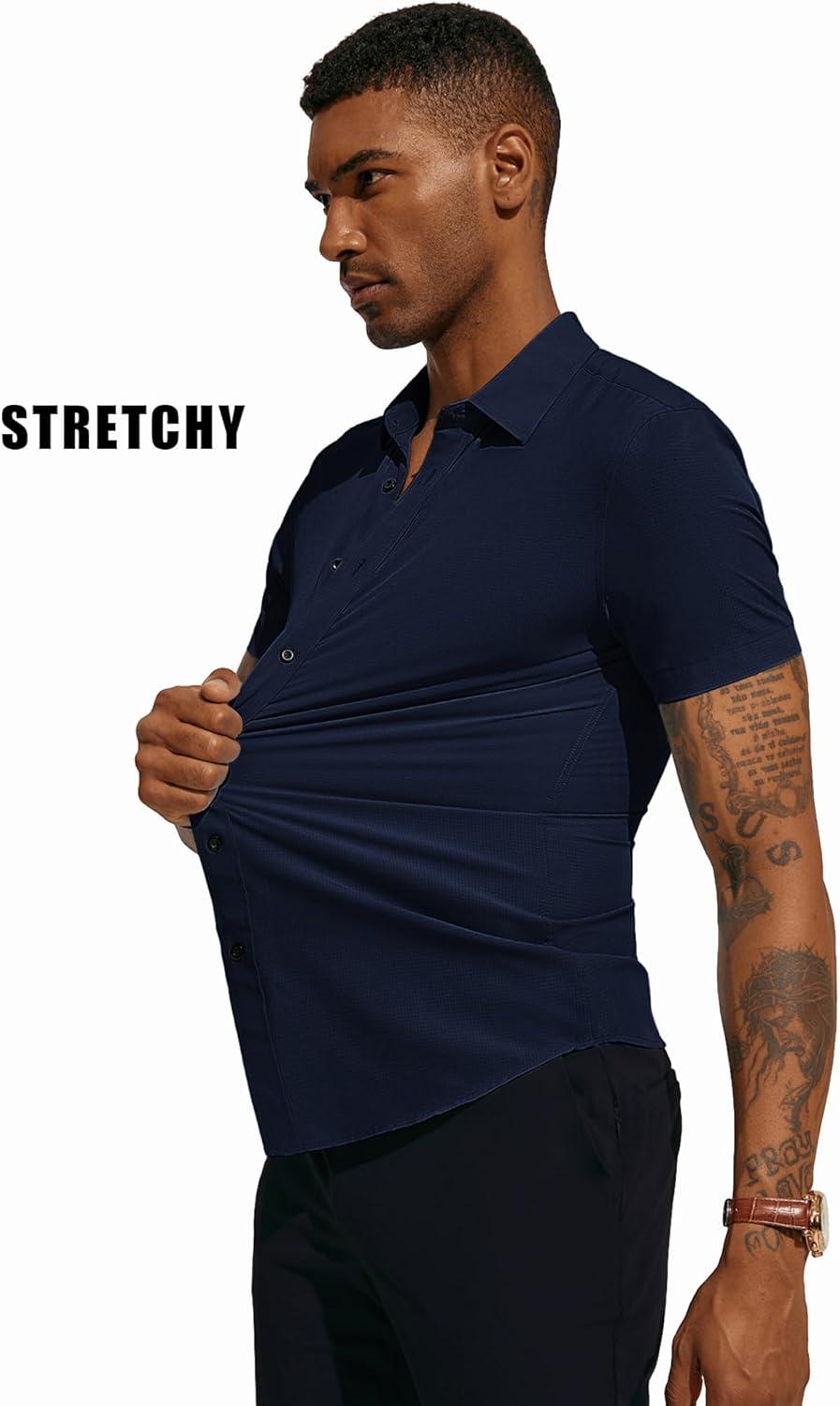 imagePJ PAUL JONES Mens Short Sleeve Button Down Shirts Wrinkle Free Stretch Dress Shirts for Men Casual Formal ShirtNavy Blue