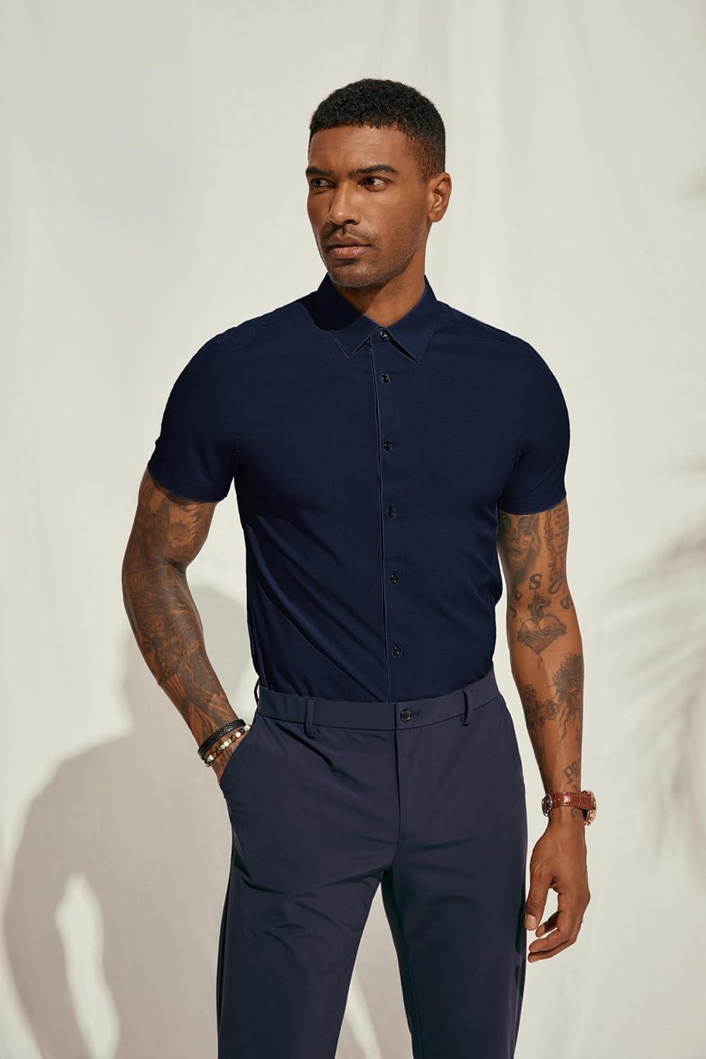 imagePJ PAUL JONES Mens Short Sleeve Button Down Shirts Wrinkle Free Stretch Dress Shirts for Men Casual Formal ShirtNavy Blue