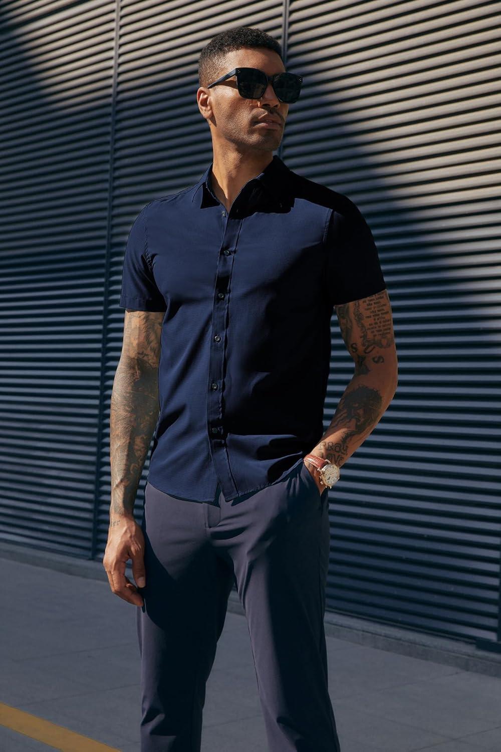 imagePJ PAUL JONES Mens Short Sleeve Button Down Shirts Wrinkle Free Stretch Dress Shirts for Men Casual Formal ShirtNavy Blue