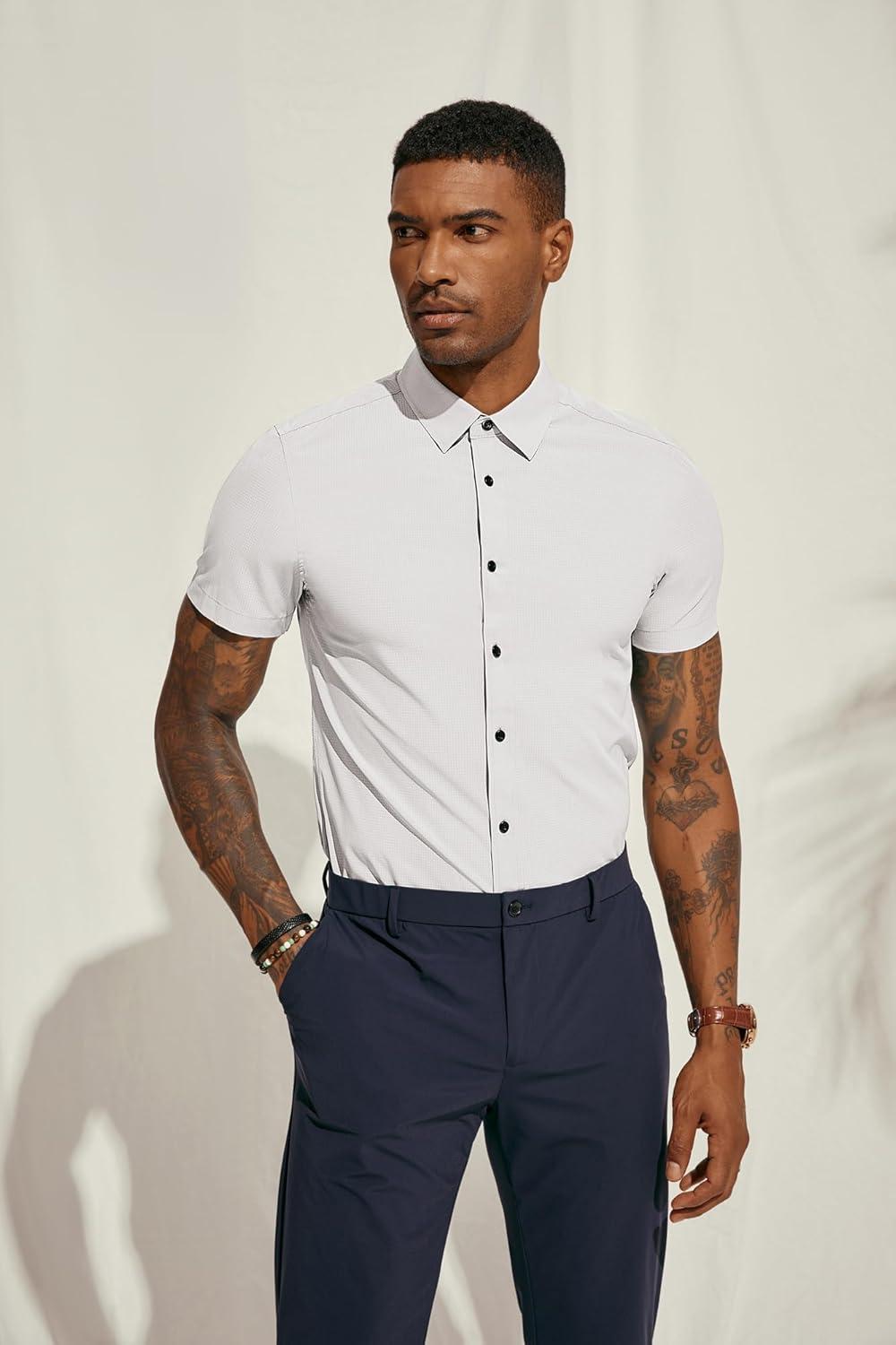 imagePJ PAUL JONES Mens Short Sleeve Button Down Shirts Wrinkle Free Stretch Dress Shirts for Men Casual Formal ShirtWhite