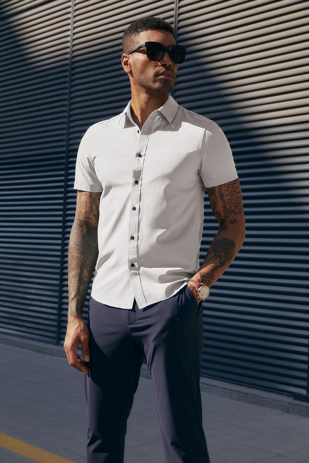 imagePJ PAUL JONES Mens Short Sleeve Button Down Shirts Wrinkle Free Stretch Dress Shirts for Men Casual Formal ShirtWhite