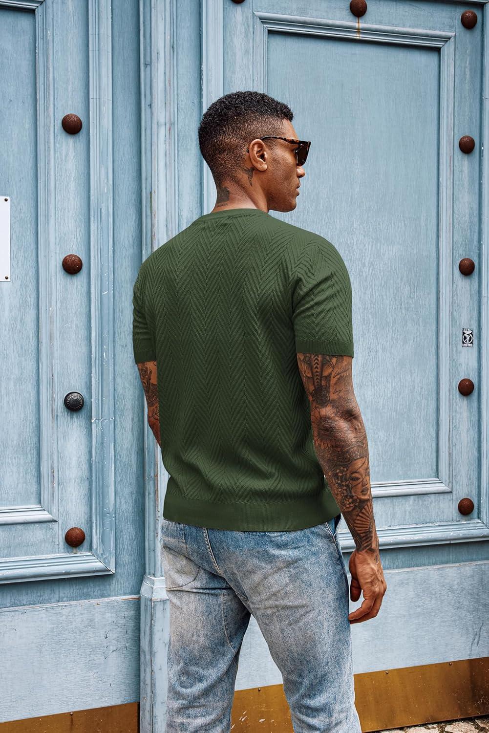 imagePJ PAUL JONES Mens Short Sleeve Knit TShirts Casual Crewneck Solid Texture Knit ShirtArmy Green