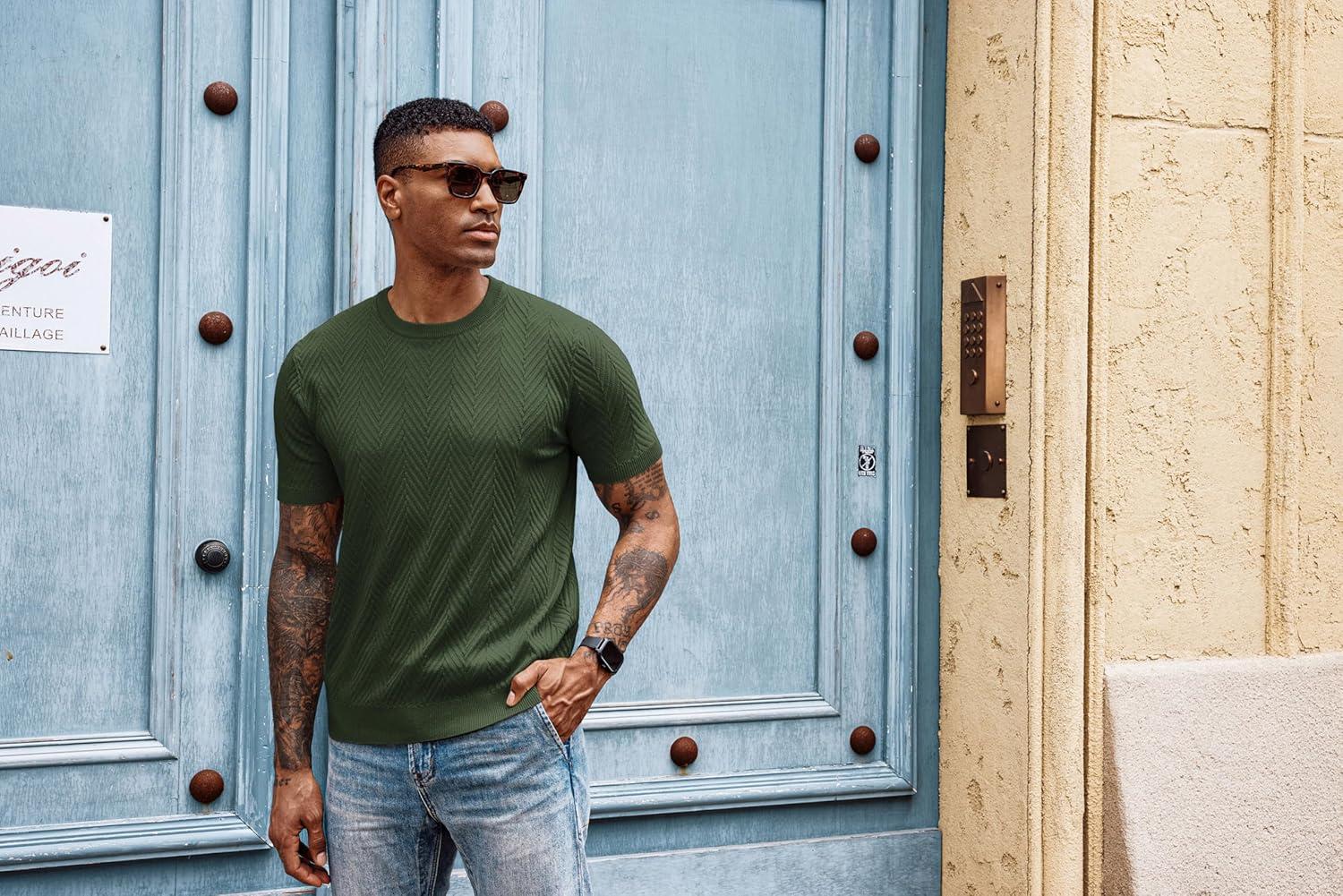 imagePJ PAUL JONES Mens Short Sleeve Knit TShirts Casual Crewneck Solid Texture Knit ShirtArmy Green