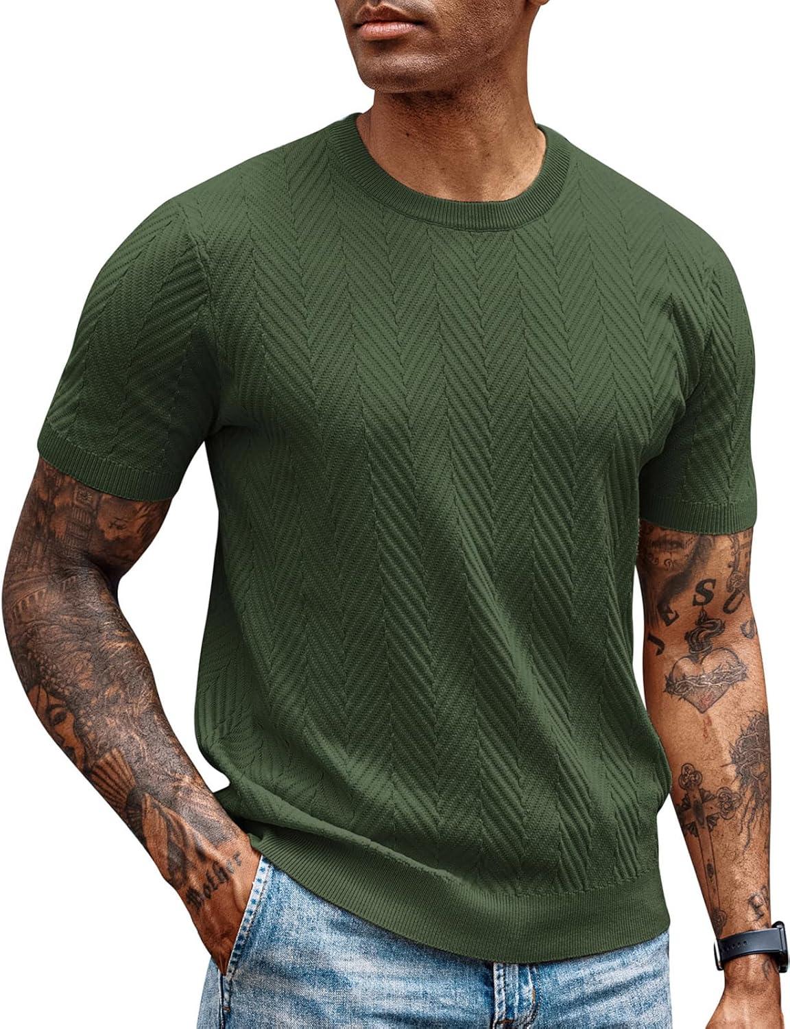 imagePJ PAUL JONES Mens Short Sleeve Knit TShirts Casual Crewneck Solid Texture Knit ShirtArmy Green