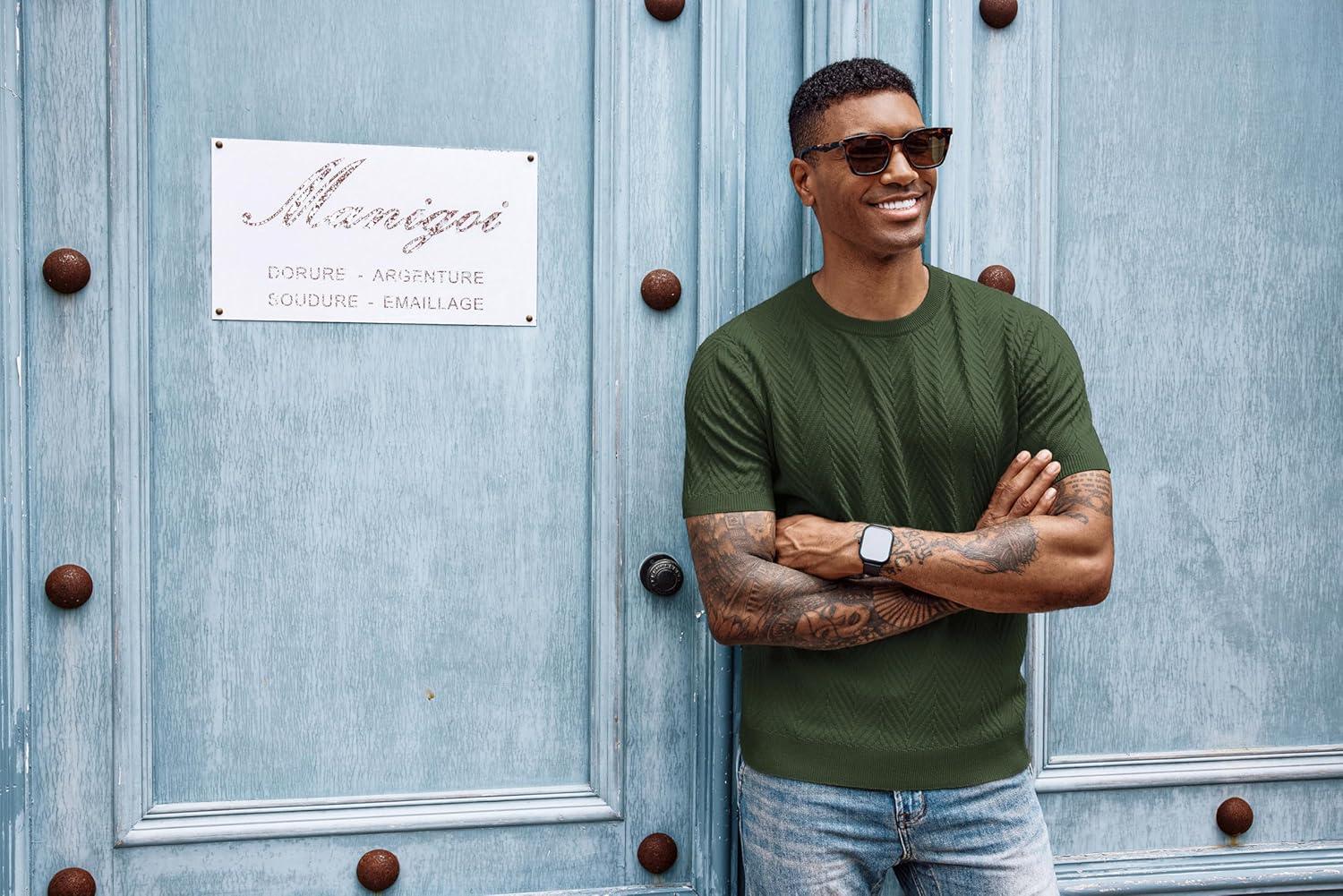 imagePJ PAUL JONES Mens Short Sleeve Knit TShirts Casual Crewneck Solid Texture Knit ShirtArmy Green