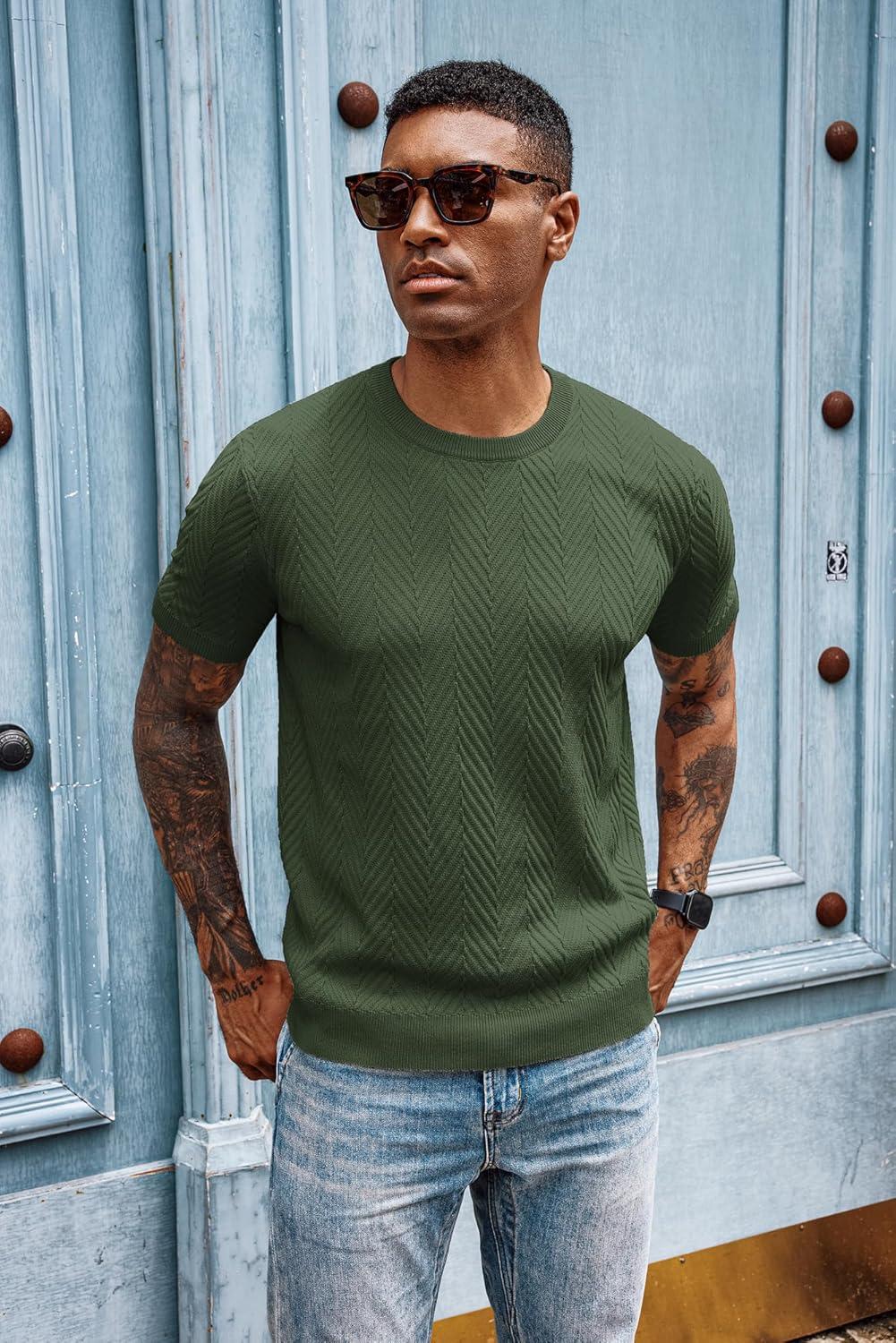 imagePJ PAUL JONES Mens Short Sleeve Knit TShirts Casual Crewneck Solid Texture Knit ShirtArmy Green