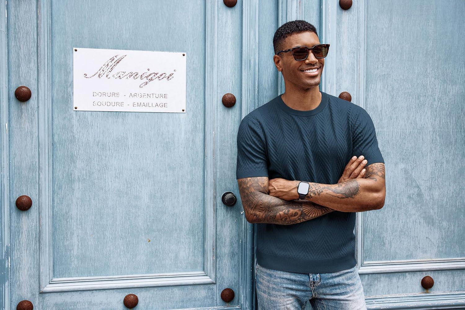 imagePJ PAUL JONES Mens Short Sleeve Knit TShirts Casual Crewneck Solid Texture Knit ShirtNavy