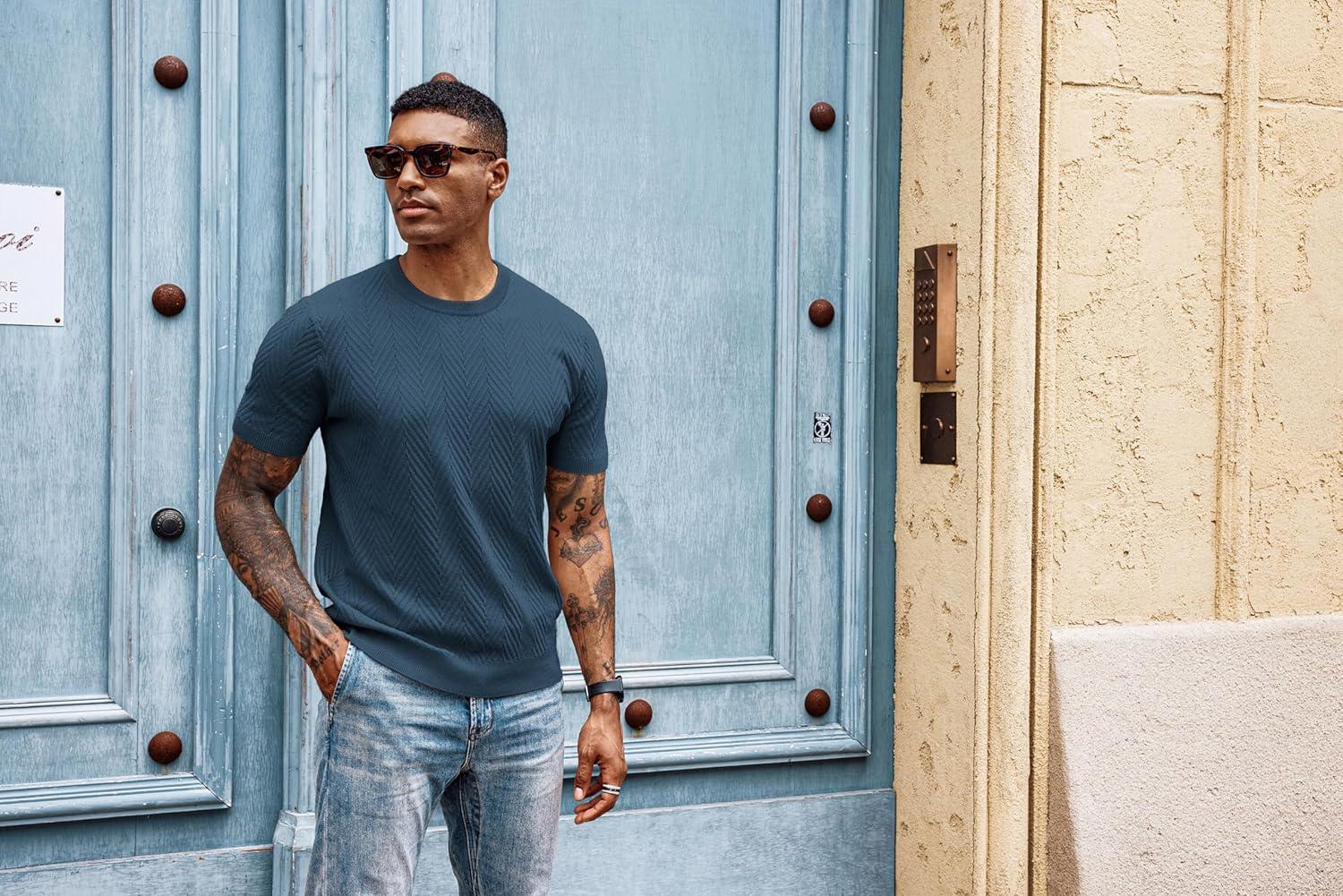 imagePJ PAUL JONES Mens Short Sleeve Knit TShirts Casual Crewneck Solid Texture Knit ShirtNavy