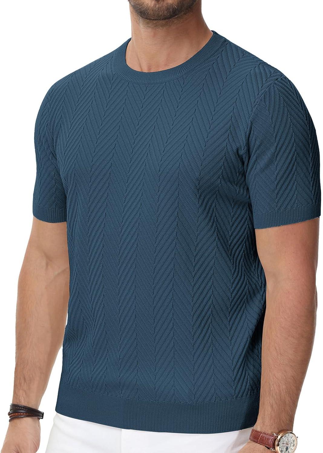 imagePJ PAUL JONES Mens Short Sleeve Knit TShirts Casual Crewneck Solid Texture Knit ShirtNavy