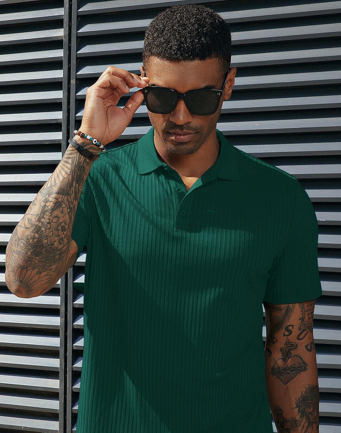 imagePJ PAUL JONES Mens Short Sleeve Texture Polo Shirts Casual Wrinkle Free Stretch Knit Golf Shirt TopsGreen