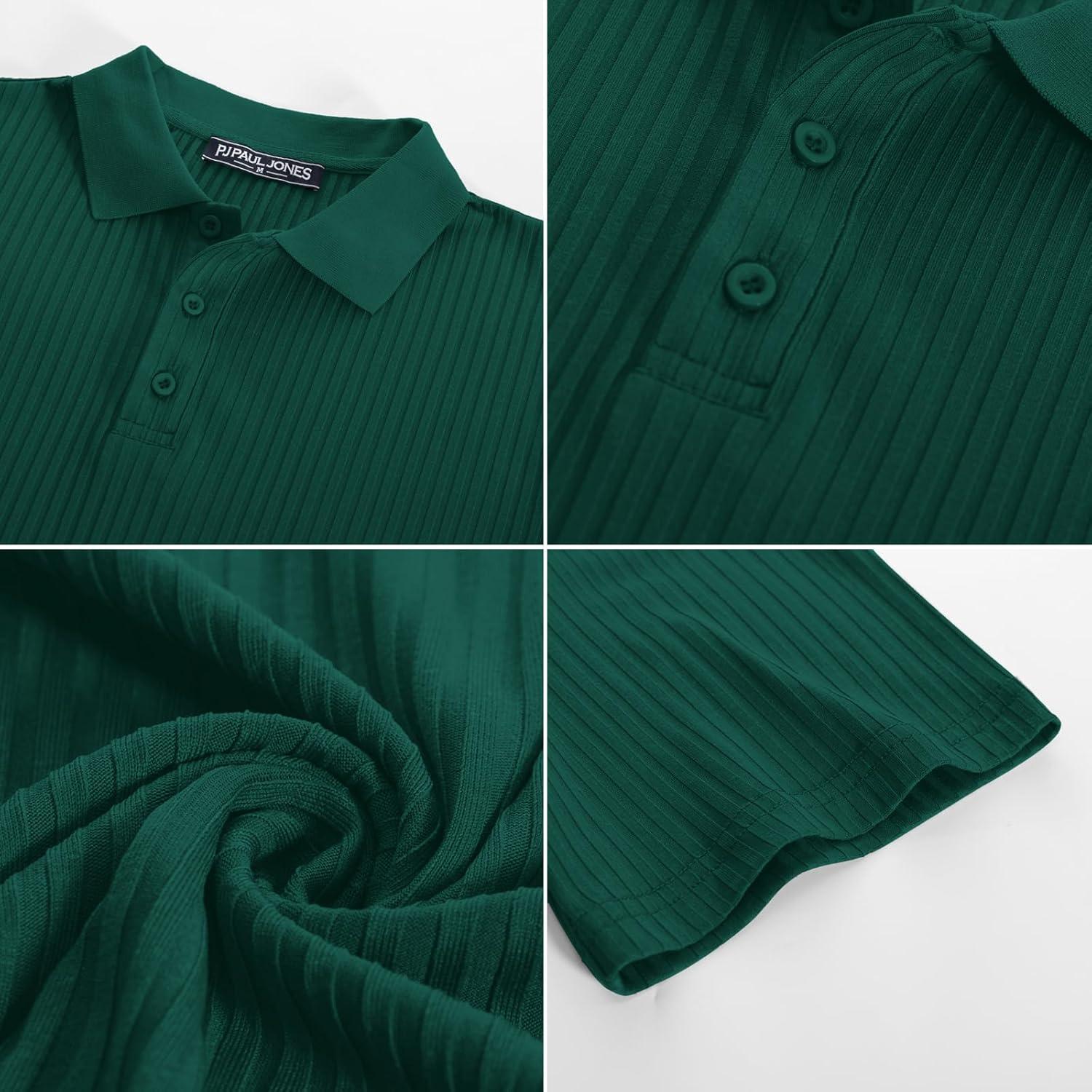 imagePJ PAUL JONES Mens Short Sleeve Texture Polo Shirts Casual Wrinkle Free Stretch Knit Golf Shirt TopsGreen