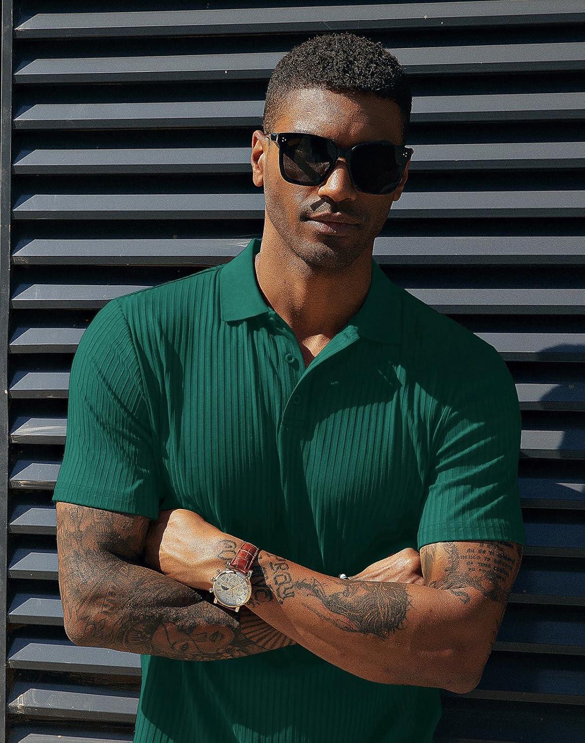 imagePJ PAUL JONES Mens Short Sleeve Texture Polo Shirts Casual Wrinkle Free Stretch Knit Golf Shirt TopsGreen