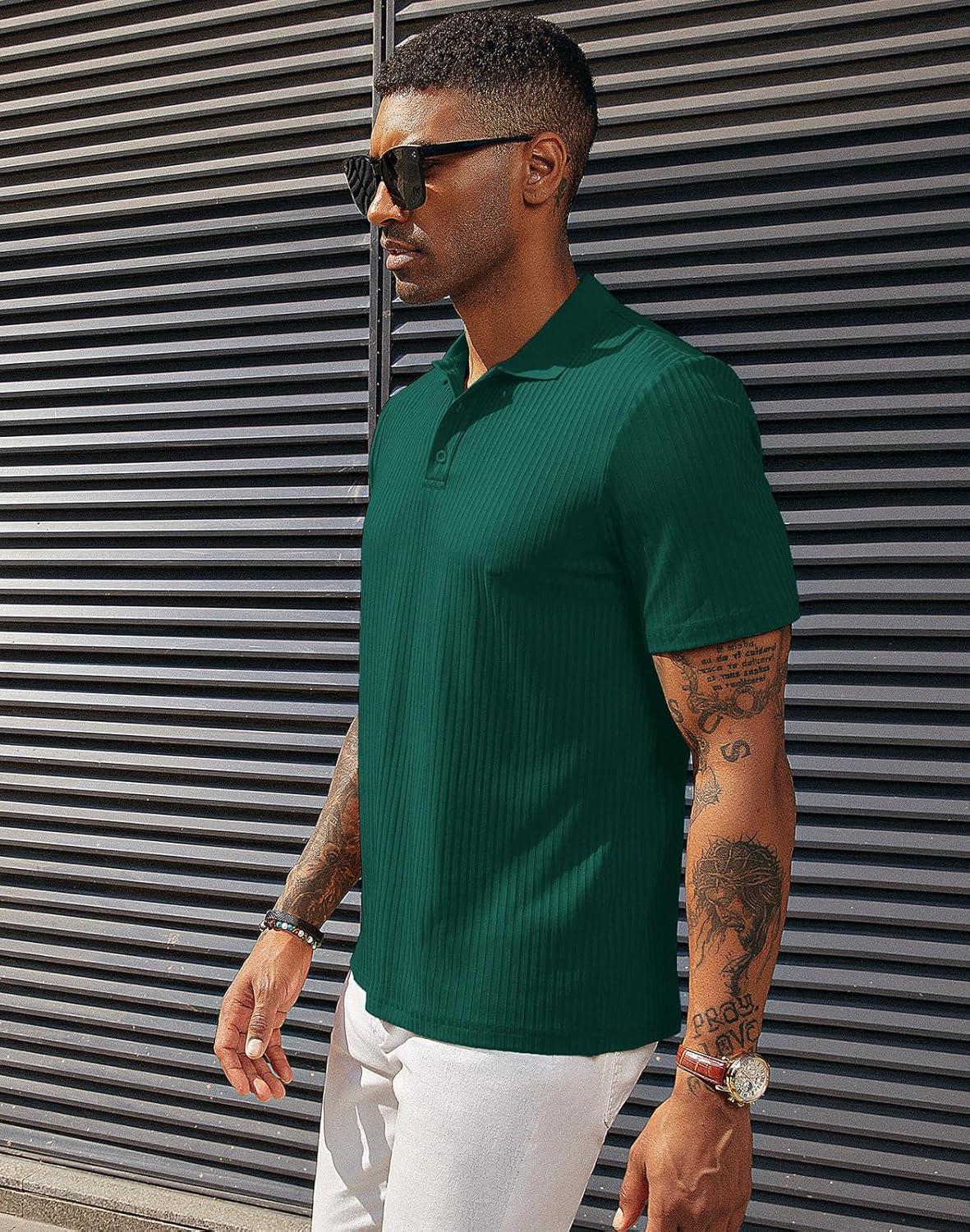 imagePJ PAUL JONES Mens Short Sleeve Texture Polo Shirts Casual Wrinkle Free Stretch Knit Golf Shirt TopsGreen