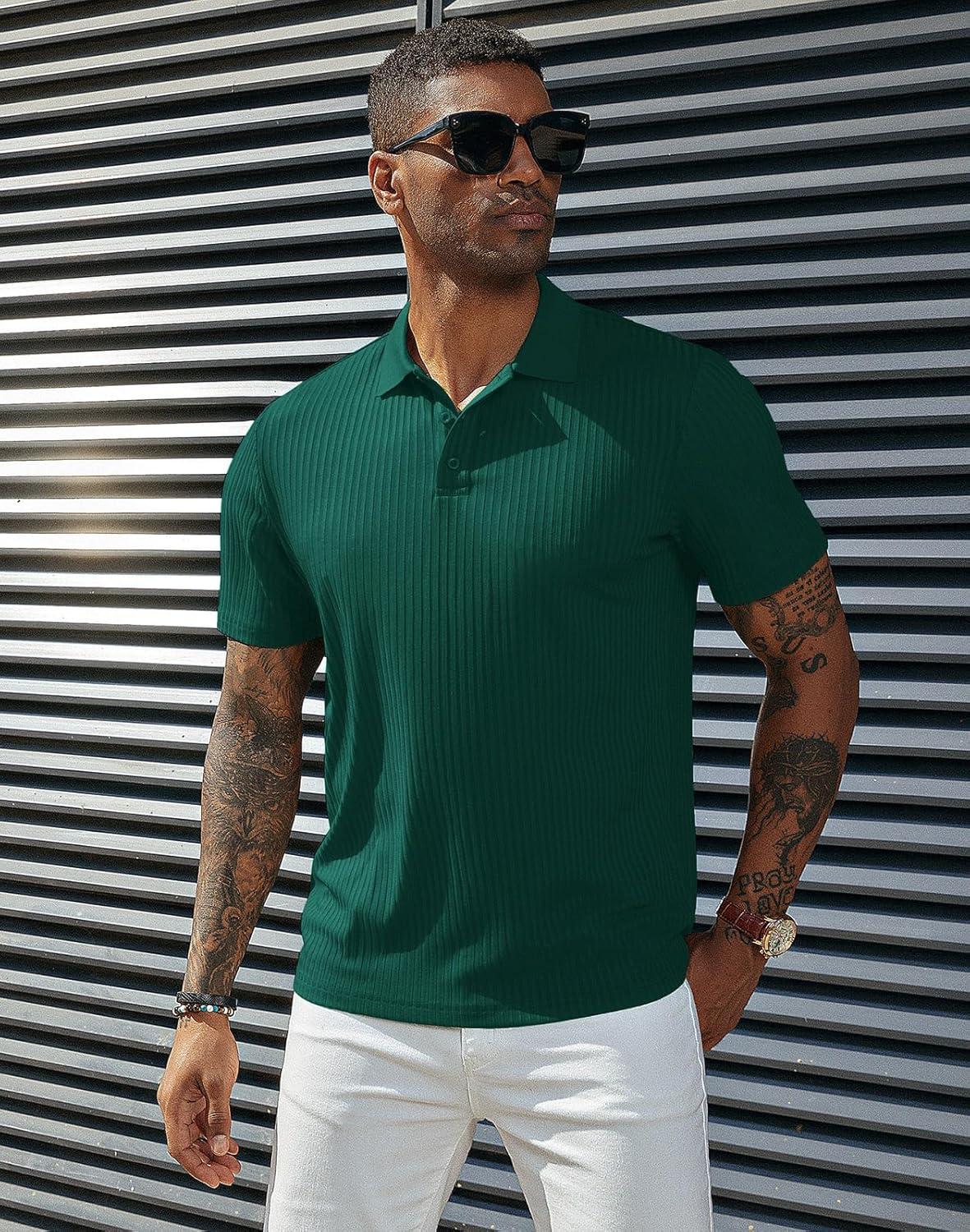 imagePJ PAUL JONES Mens Short Sleeve Texture Polo Shirts Casual Wrinkle Free Stretch Knit Golf Shirt TopsGreen