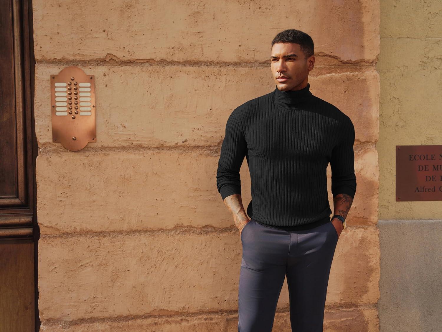 imagePJ PAUL JONES Mens Slim Fit Turtleneck Sweater Casual Ribbed Knitted Pullover SweatersBlack
