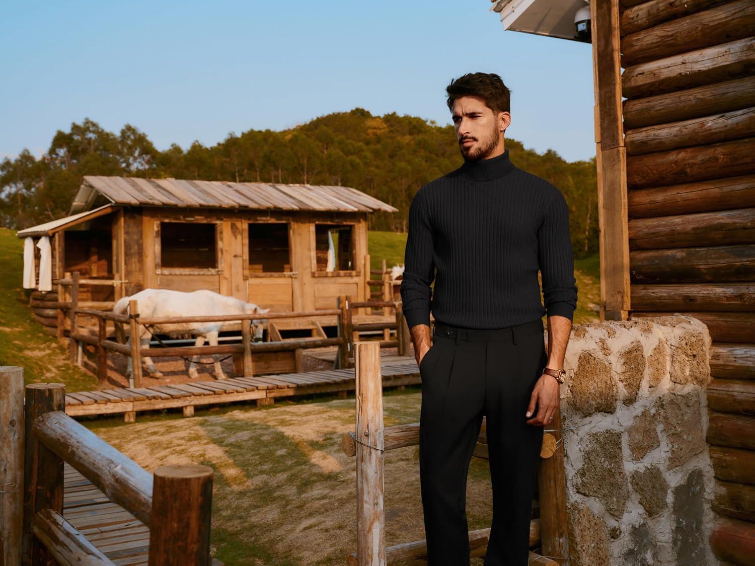 imagePJ PAUL JONES Mens Slim Fit Turtleneck Sweater Casual Ribbed Knitted Pullover SweatersBlack