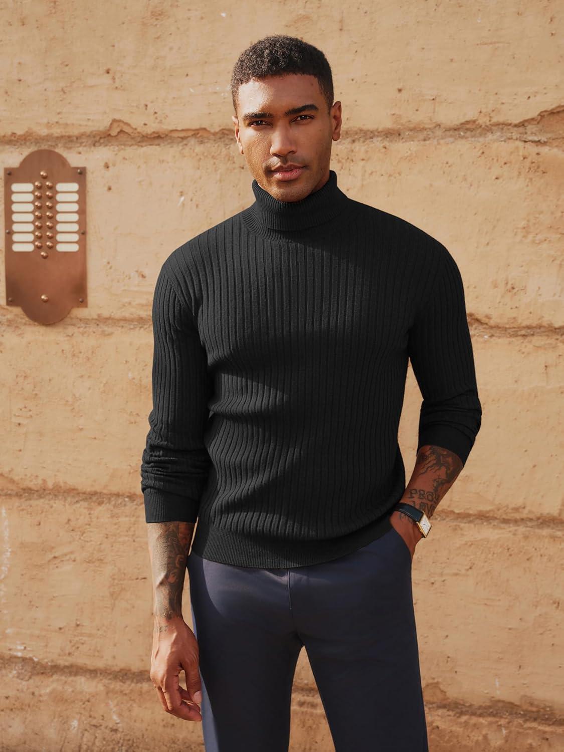 imagePJ PAUL JONES Mens Slim Fit Turtleneck Sweater Casual Ribbed Knitted Pullover SweatersBlack