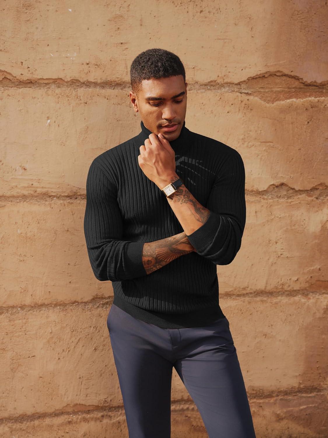 imagePJ PAUL JONES Mens Slim Fit Turtleneck Sweater Casual Ribbed Knitted Pullover SweatersBlack