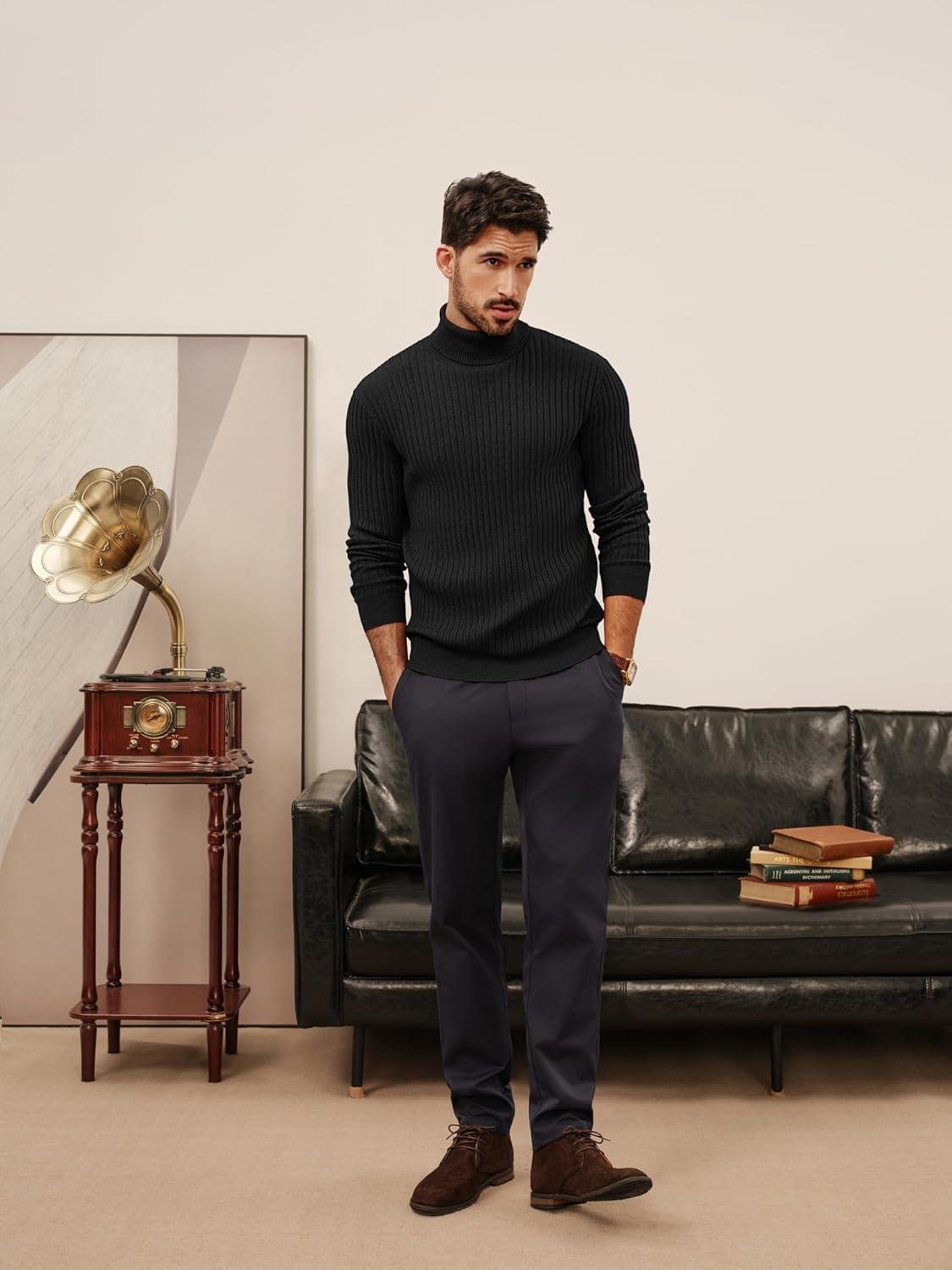 imagePJ PAUL JONES Mens Slim Fit Turtleneck Sweater Casual Ribbed Knitted Pullover SweatersBlack