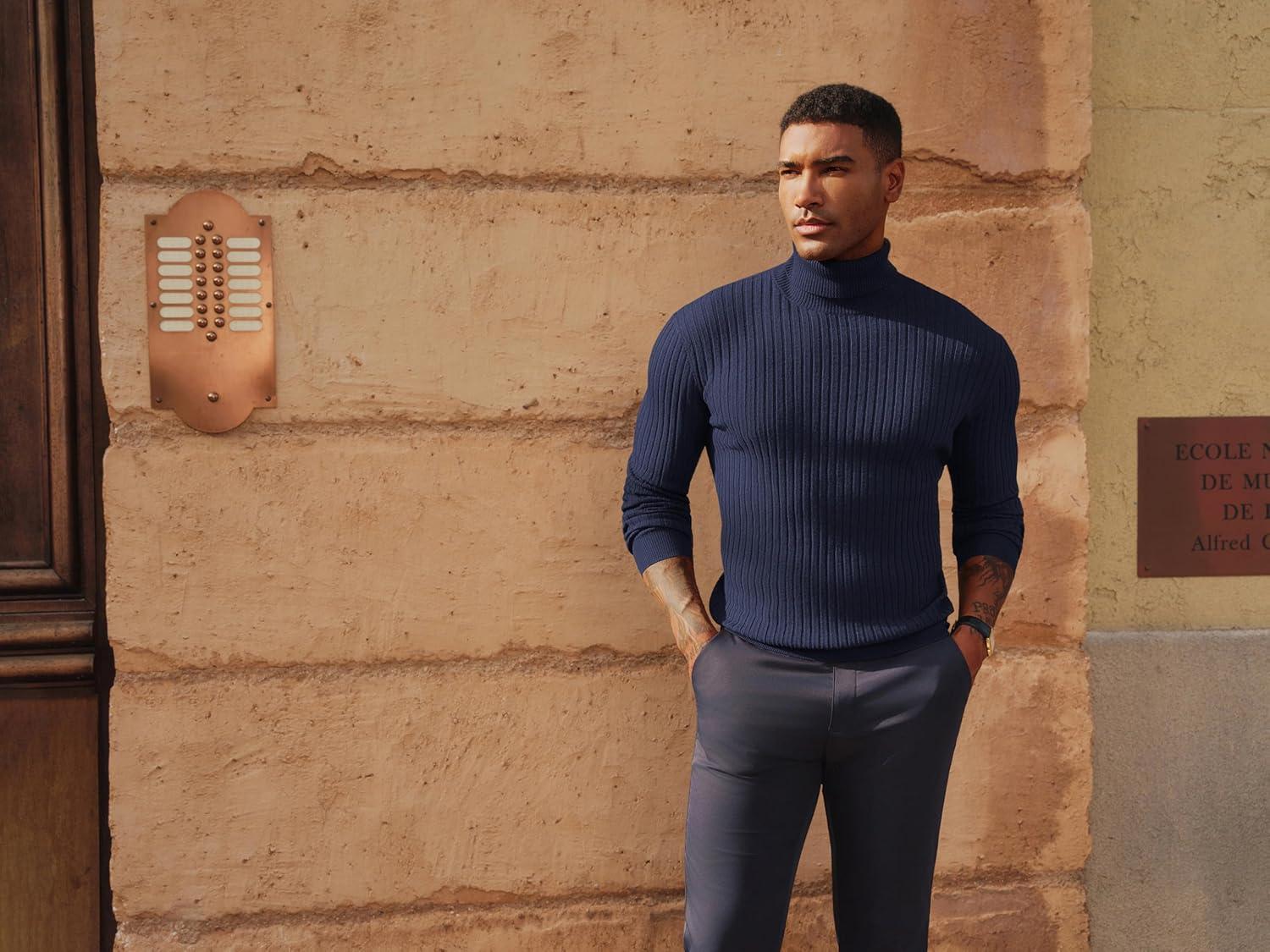 imagePJ PAUL JONES Mens Slim Fit Turtleneck Sweater Casual Ribbed Knitted Pullover SweatersNavy Blue