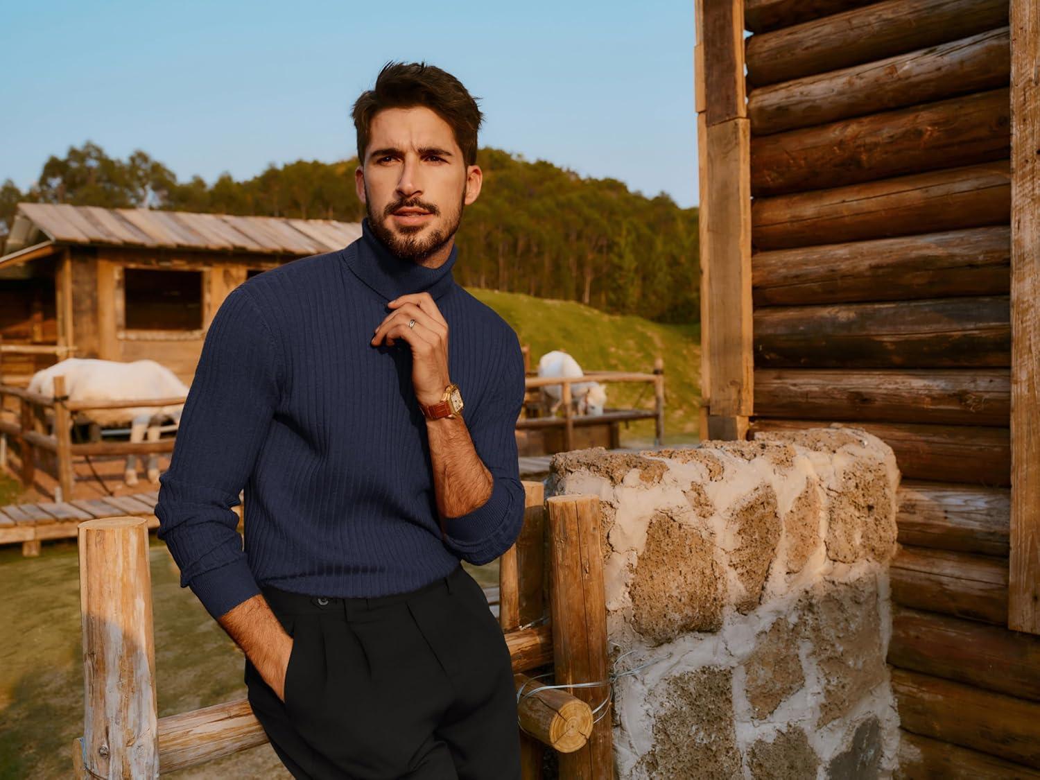 imagePJ PAUL JONES Mens Slim Fit Turtleneck Sweater Casual Ribbed Knitted Pullover SweatersNavy Blue