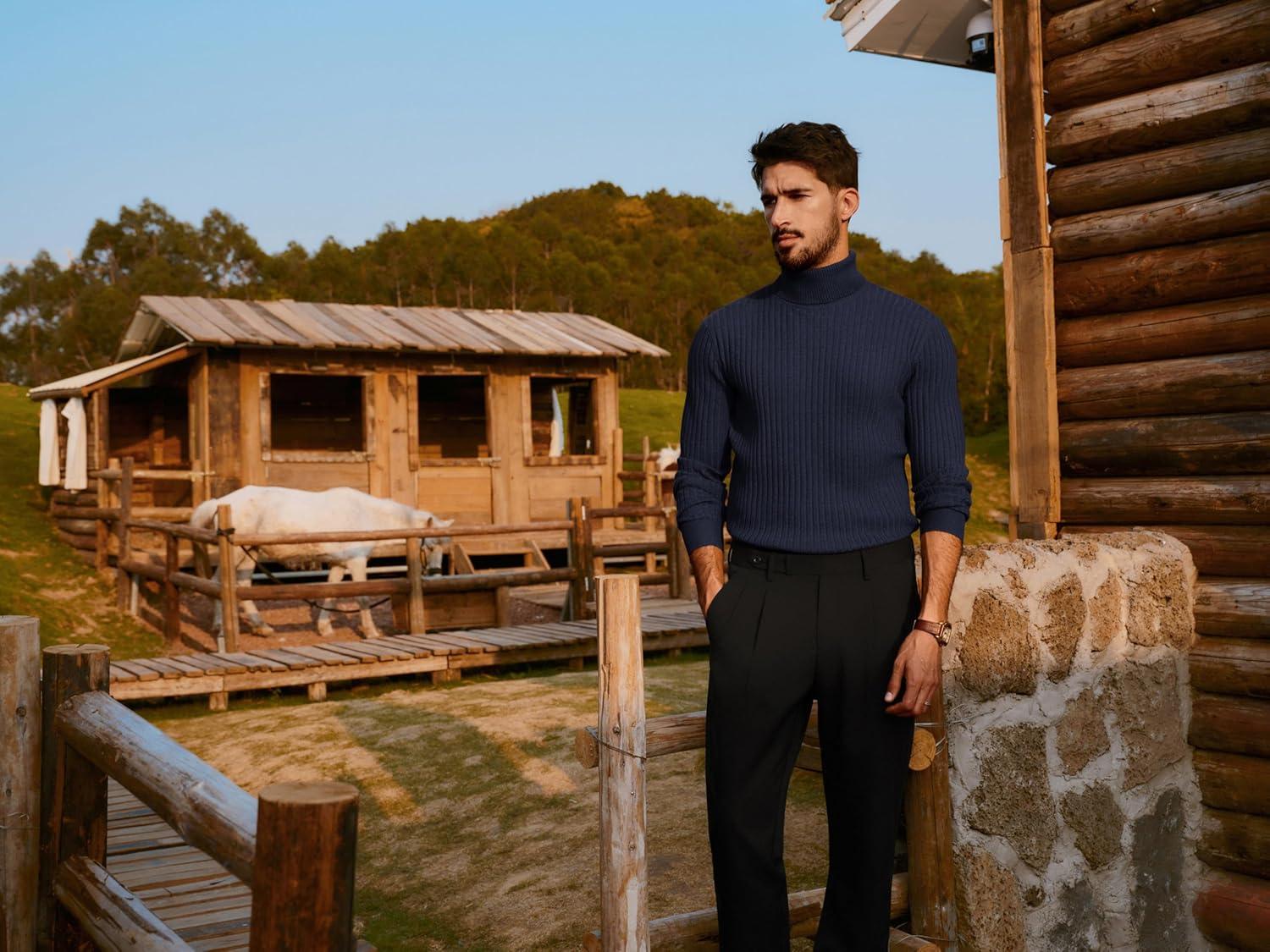 imagePJ PAUL JONES Mens Slim Fit Turtleneck Sweater Casual Ribbed Knitted Pullover SweatersNavy Blue